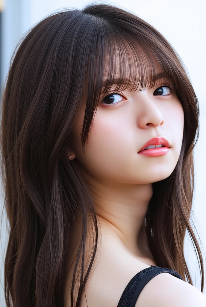 highest quality, realistic, 8K, High resolution, 1 girl, woman, (skin dents), (portrait:0.6), nice, ((white background, naked, small breasts:1.65)), (long brown hair, parted bangs:1.4), looking at the viewer, (1 girl eyes looking at the viewer:1.6), realistic, (Bokeh), (closed mouth, smile:1.3), nice, Pueros face_V1:1,shortcut、