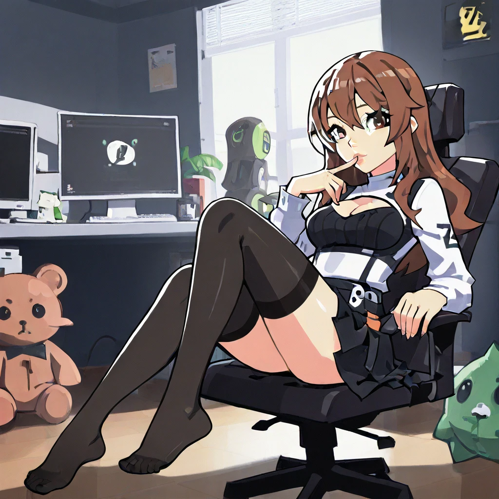 sunazuka akira, 1girll, brown_Eyes, black_Hair, Hair_between_Eyes, Long_Hair, Open_Mouth, double tails, Medium breasts, 1girll, bangs, Bare-bodied, Blush, Breasts, chair, cleavage, 鎖骨, Computer, controller, gaming console_controller, Indoors, keyboard_\(Computer\), laptop, Looking_at_peeping at the viewer, mediating_Breasts, Miniskirt, monitor, mouse_\(Computer\), Nintendo_switch, pleated_Skirt,side locks, Sitting,pantiess, Smile, Solo,surgical_Mask, Thighs,perspire,saliva,Sweat,Soaked clothes,Obscene expressions,One word horse,Pushed down,
