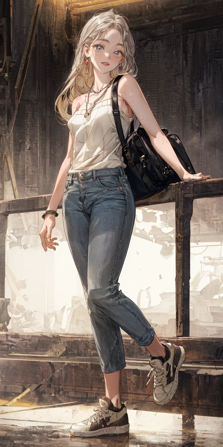 Woman wearing denim clothing, circa 1880s, Long straight blond hair, Brown eyes, High arched eyebrows, Slender and graceful neck, Red lips, Large Breasts, Brown Leather Leggings, Sleeveless Brown Leather Vest, Leather Boots, Walking on the dusty sandy streets of a deserted North American town,The wind blew through her hair, Practical, photoPractical, photoPractical, Fear, Dark atmosphere and dramatic lighting, Dark Red, Foggy environment, Detailed facial expressions, Thick fog