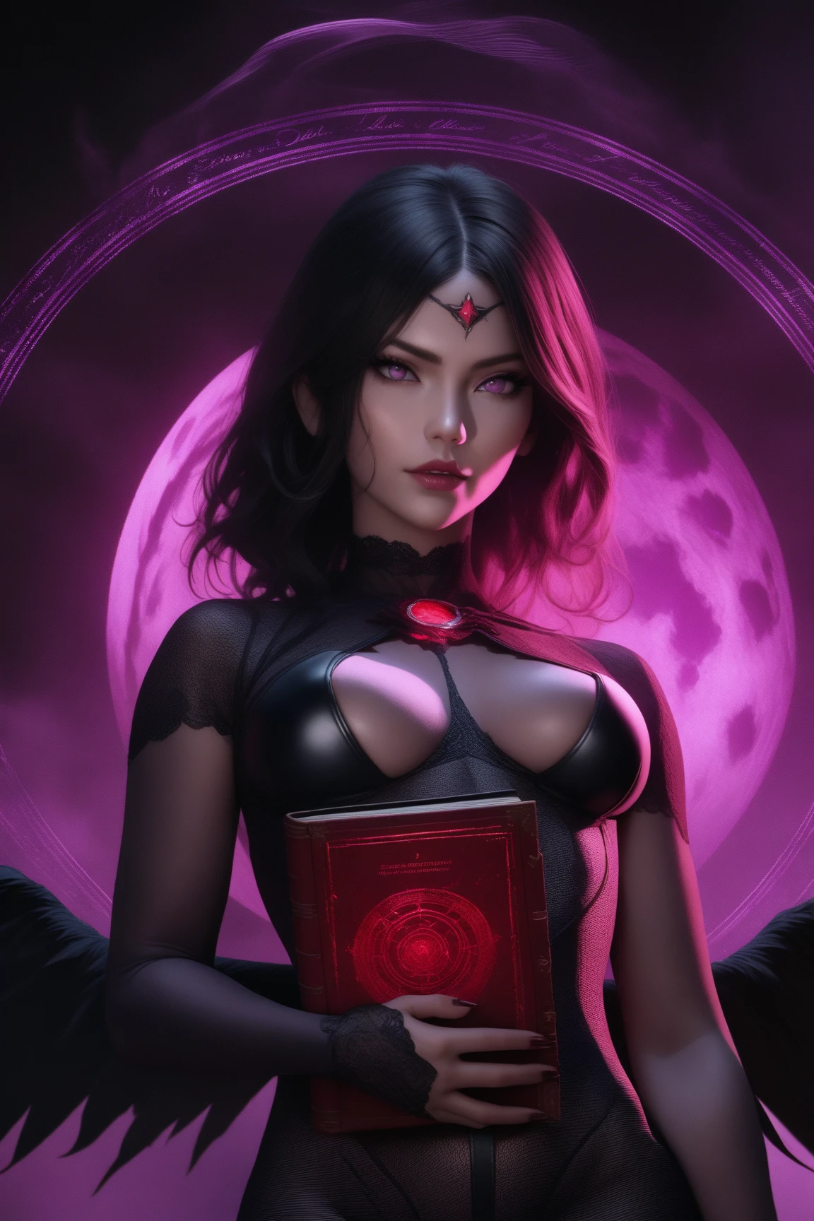 (female:1.2), 8k, ultra hd, ultra detailed texture, hyper realistic, masterpiece, detailed texture, detailed face, detailed skin, detailed lighting, (photorealistic:1.5), best quality, beautiful lighting, cinematic lighting, professional lighting, ultra highres, realistic, detailed hair, real hair, high quality, (realskin:1.5), extremely detailed, finely detail, ultra-detailed, 1girl, solo, elf, pointy ears, standing, demon horns, forehead protector, (red eyes:1.5), v-shapped eyebrow, lips, red lips, evil smile, nose, make up, pretty, beautiful, cute face, long hair, blue hair, high ponytail, large breasts, cleavage, armpit, navel, stomach, black armor, pauldrons, bare shoulders, shoulder armor, thigh high, sleevless, detached sleeves, breastplate, gauntlets, karina \(mobile legends\), depth of field, looking aways, white skin, skin tight, amazing pose, outdoors, glowing, dark view, blurry background