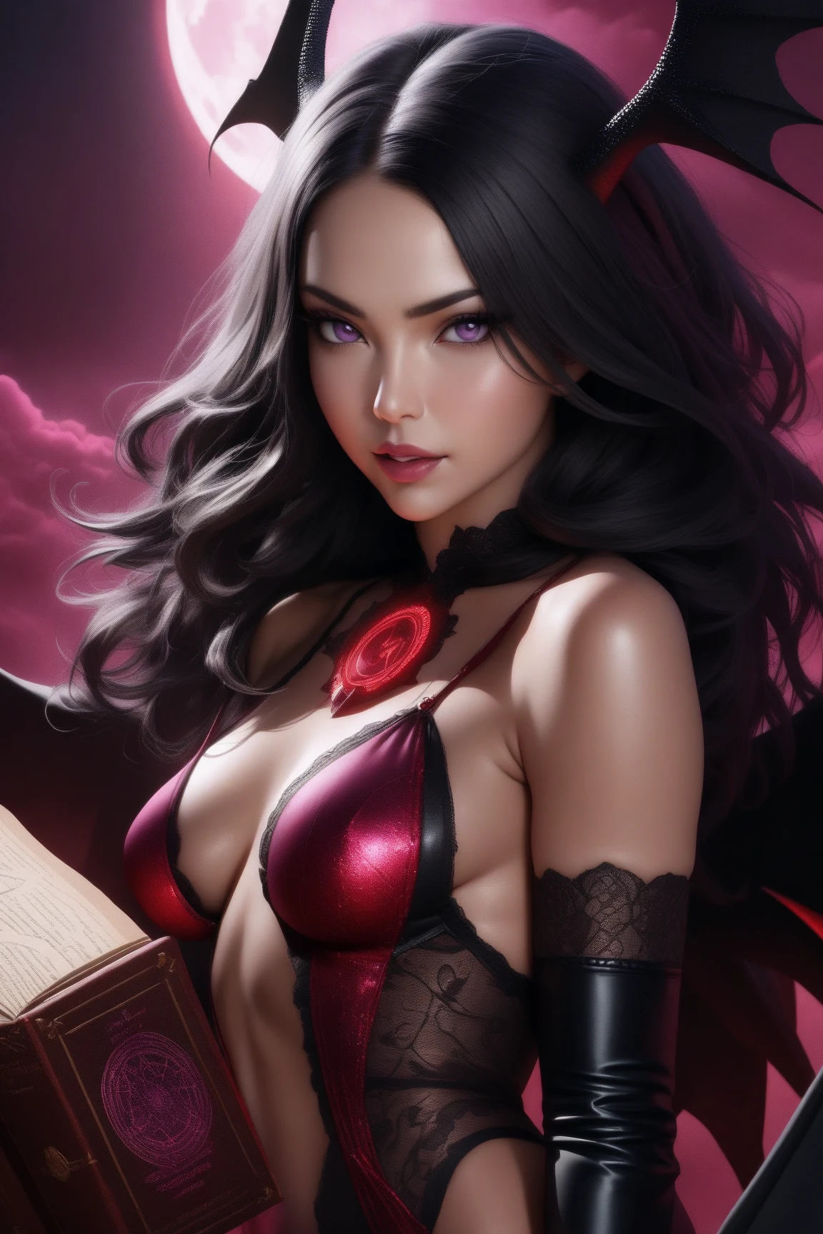 (masterpiece), (unrivalled quality:1.4), ultra-high resolution, [:velvet textures:0.2], hyperrealistic, dark fantasy portrait, jul13tt3 woman, adult (succubus:0.7) with a sly smirk, hypnotic ruby red eyes, raven-black hair cascading in waves, solo, detailed face, (cavernous underworld theme:1.1) (demonic wings:1.05), personified forbidden temptation, allure, power, darkness, succubus mythology symbolism, firelight, glow, rich purples and reds, symmetry, obsidian, foreboding cavern background, otherworldly infernal atmosphere
