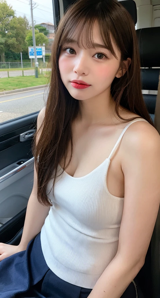 RAW photo, best image quality, 8k, genuine, genuine, super fine, super fineビューティー, professional writing, facial writing, written boundary depth, single focus, whole body, 25 year old female, small head, beautiful eyes, genuineな顔, genuineな肌, narrow eyes, （Fashionable hair：1. 3), Beautiful woman, cute face, fashionable girl, camisole＆mini skirt, Campaign Girl、sheet、sitting、Inside the car、sit in the driver&#39;s seat&#39;s sheet、Behind the wheel of a car,Driving a car、