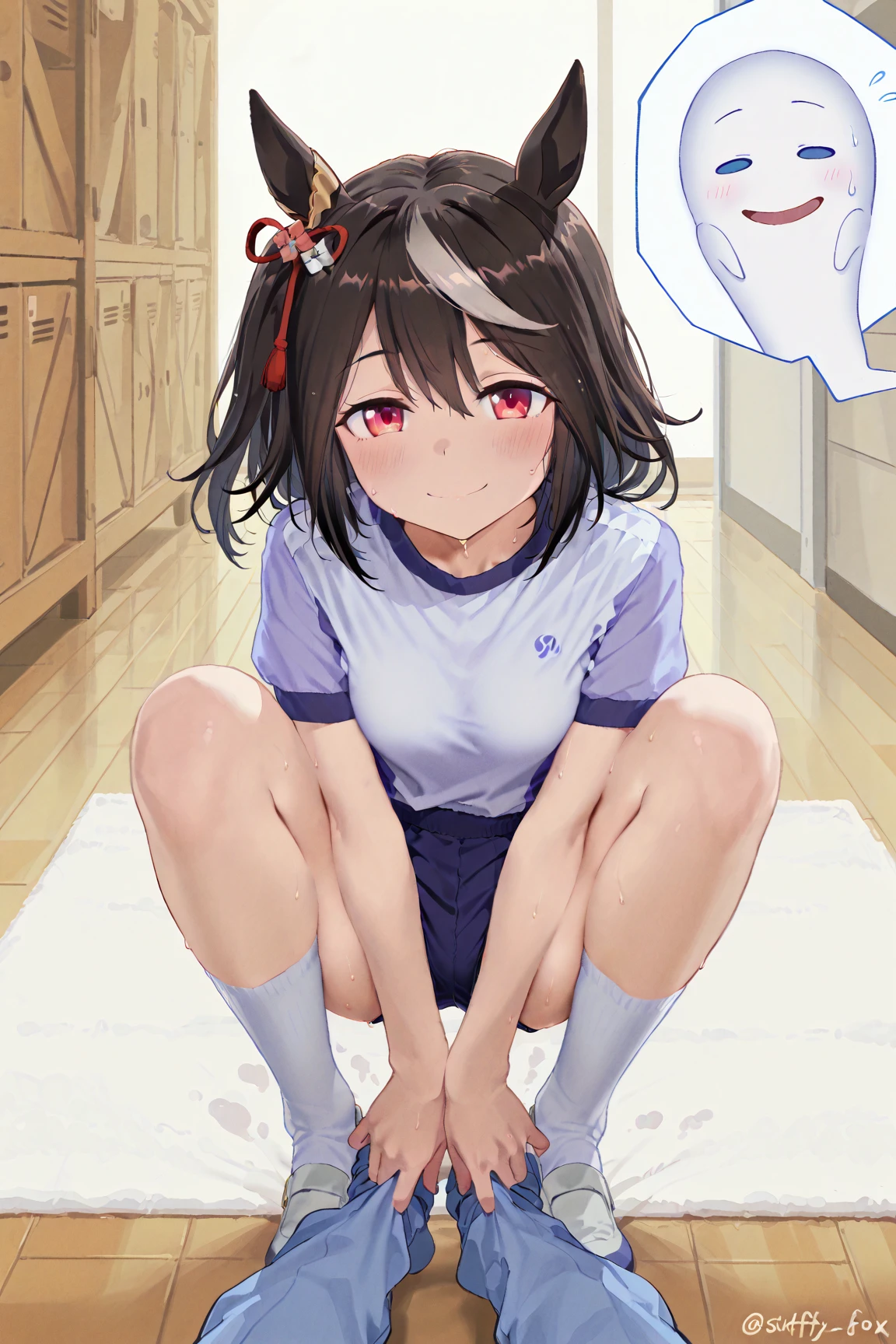 masterpiece, Highest quality, Nico_Yazawa,High resolution, 1 Girl, alone, Brown Hair, short hair, Twin tails、Purple eyes,  , , (Cleavage)、(Beautiful thighs), Carrying a red backpack, (randoseru backpack:1.2) Sweaty、Thick thighs、Highest quality、4K、1girl, 8years old, loli, cute, grin, 、、at the park、、Thick thighs、Men holding their penises and surrounding girls、Semen from the penis、Bukkake、Bukkake、（Bukkake）projectile cum、Blowjob、Lots of passersby、Ahegao、low length、、erection of nipple、Handjob、、Swinging、Spread your legs、(gym uniform,red brown, white shirt, short sleeves, thighs:1.3),
indoors, locker room,