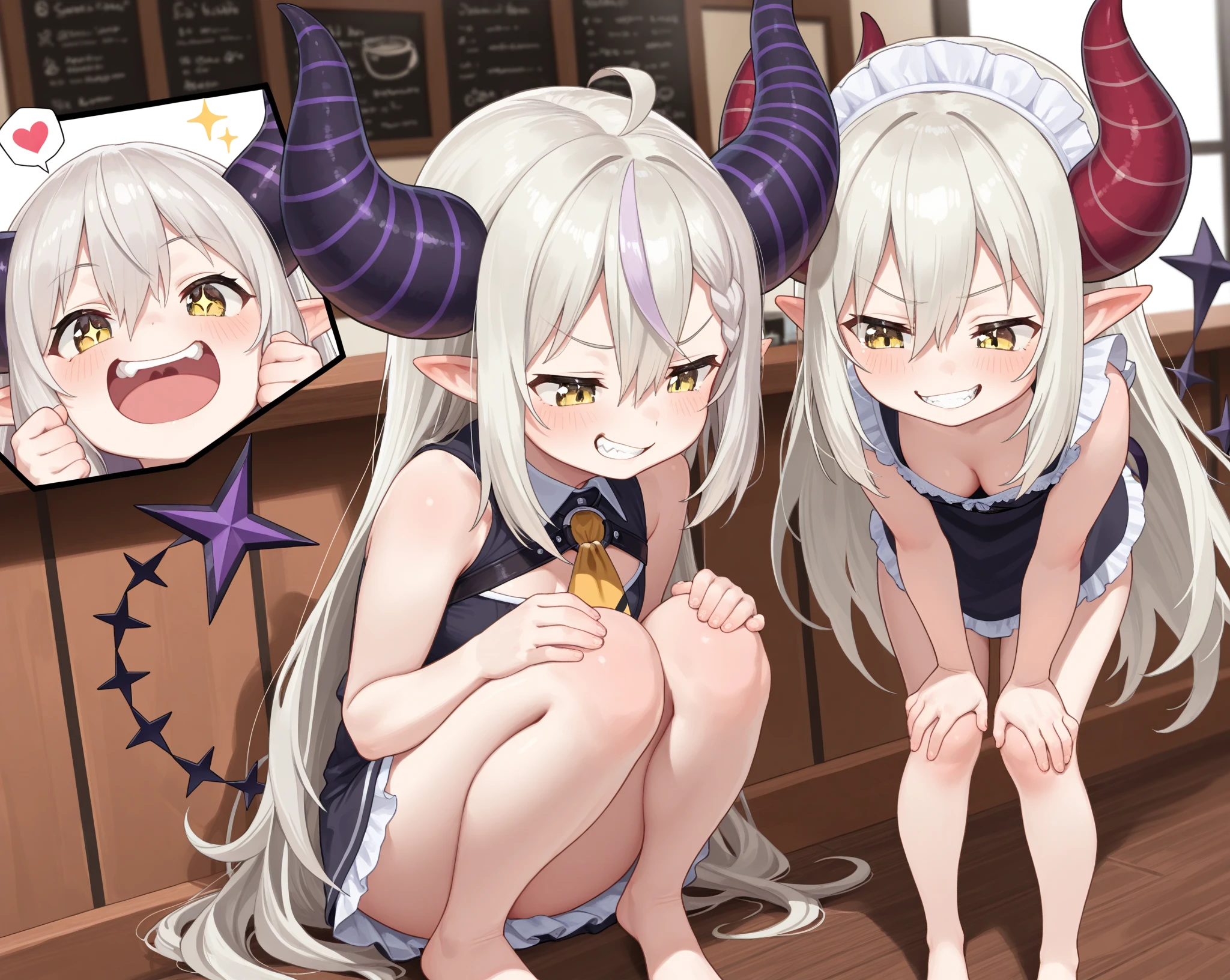 All kinds of people (Touhou),flat chest,NUDE,Jagged teeth,Gray Hair.Red goat horns,Pointed Ears,Red eyes,anal sex,Looking back