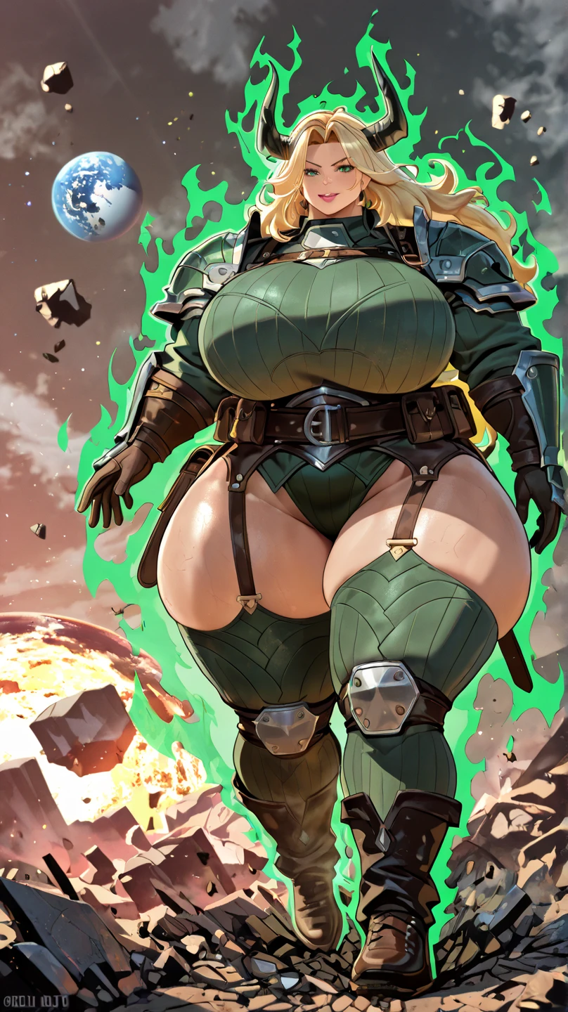Cyborg sexy big breasts athletic body robotic arms metal boot pink bikini metal mask tanning face NSFW green cape denim shorts nsfw