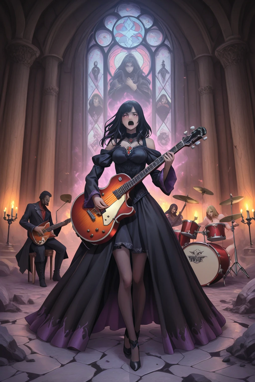 An anime character in a black cape and dark clothes is playing a bright green guitar in a dark room. The room has posters and other colorful items on the walls..