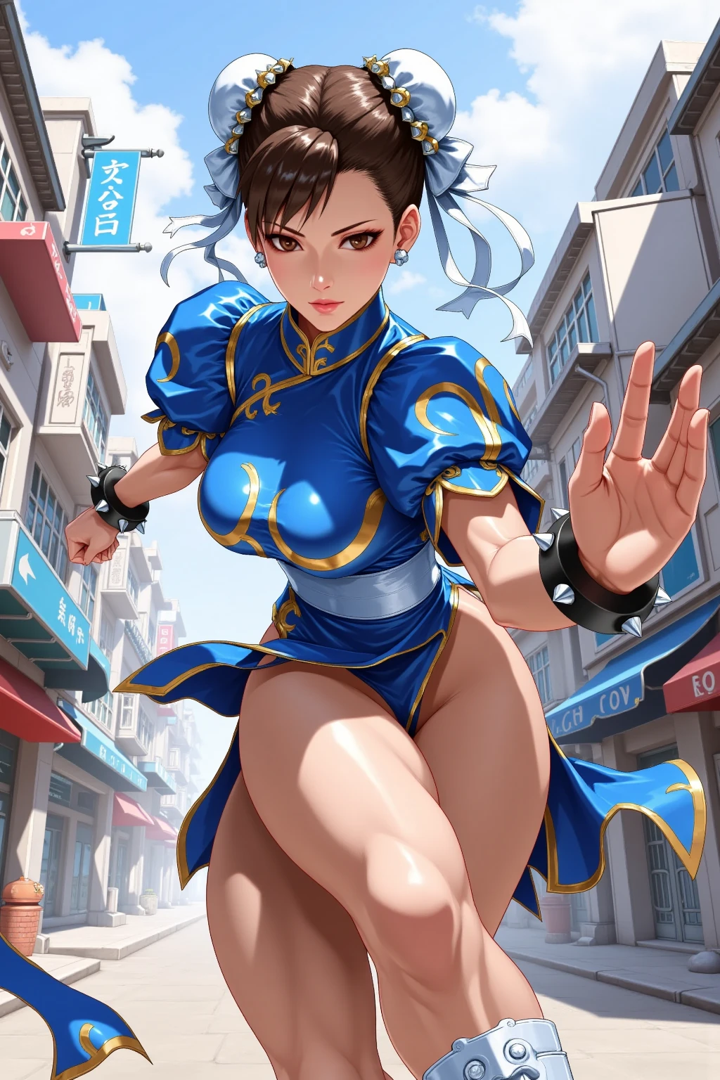 ((A woman modeled after the character Chun-Li)), , Medium Hips, Bright Eyes, Very flashy,Huge breasts, Puffy nipples, tight, ((ultra Realist)), TM Ninja White, icon, cores Vibrants, Vector Style, Digital Art, 4K, Intricate details, charm, Professionally done, Beautiful vector illustration, 12k resolution, ..3d, Detailed description of all characters, ((Very detailed)), ((Vibrant)),((super high quality)), ((Hyperrealism)), ((Photorealism)), [Octane Rendering] , In the city, Lots of cars (Realist), Very detailed, SF2CL,Oda Nonstyle,
