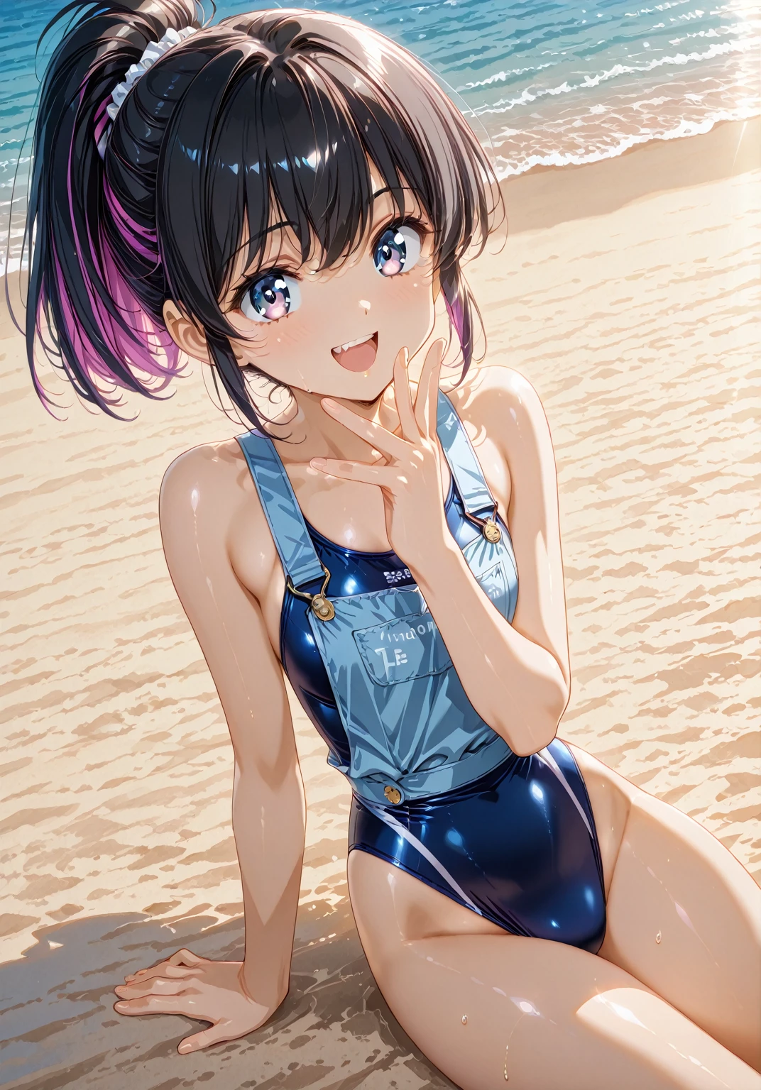 ((swimsuit costume)), holographic fabric, skindentation, skinny, solo, 1 woman, Masterpiece, highest quality, highest quality, 16K, incredibly absurd, highly detailed, 2.5D, ai-generated, delicate and dynamic, very delicate facial expressions, delicate eye depiction, erotic, only sexy woman, ((A cute and kind face)), healthy figure, 25-year-old woman, bride, 160cm tall, medium firm swaying bust, (dark hair), black eye, blush, Sweat,Embarrassed,sexy, ((thin thighs)), (Erect nipples:0.7), ((shiny and lustrous)), facing straight at viewer, ((brown black skin)), ((Oily_skin)), sweaty skin, wet skin, (suntan), dutch angle, ((sexy pose)), Dynamic poses, ((Summer Sea)), Strong sunlight, ((Lying)), ((On the open sea)),
