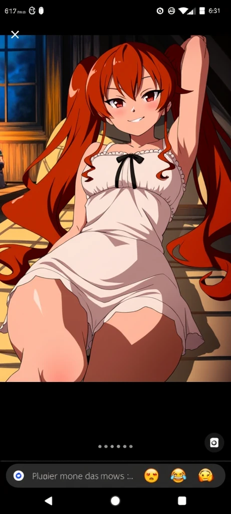 A cute tall girl with long orange hair, Brown eyes, a funny smirk, she's in lingerie with stirrup leggings, she's on a bed, full body pic
