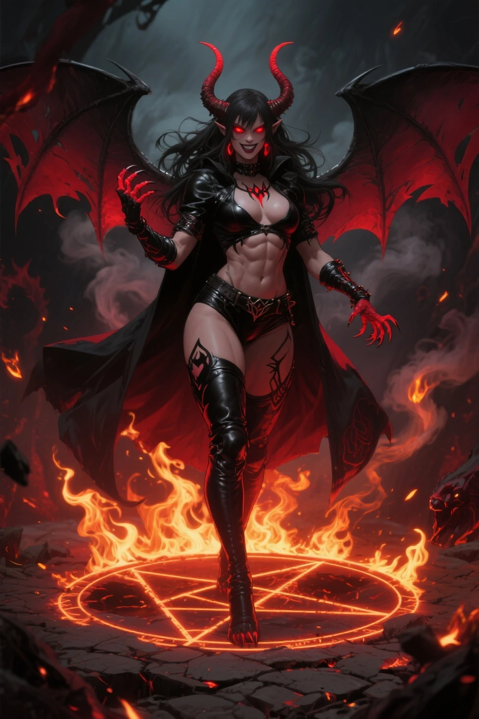 Red skin succubus tiefling, medium breasts, black horns, wings, huge tail, black leather, tall, toned, graceful, thin, long black ponytail. Action scene, whip. Dark scene, explosions, night sky.