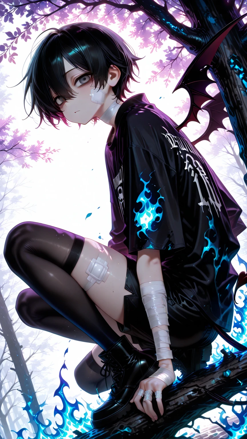 Devil　suicide boy, lee hoon, black hair, grey eyes, baggy eyes, white gauze, bandages, Watching Viewers　　　Art of Light　light effect　Dark Side　Devil召喚　Darkness of Hate engulfed in blue flames　Brutal depictions　　Beautiful and cute face　Action Poses,　dynamic angle, ,Falling Back in Front　Sitting on a branch　Inner Color Purple　Please kneel down　Holding a Kidney in Your Hand　purple knee-high socks
　Bend one knee　black shorts