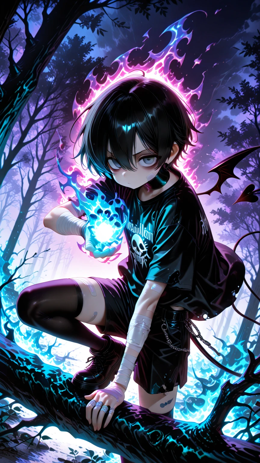 Devil　suicide boy, lee hoon, black hair, grey eyes, baggy eyes, white gauze, bandages, Watching Viewers　　　Art of Light　light effect　Dark Side　Devil召喚　Darkness of Hate engulfed in blue flames　Brutal depictions　　Beautiful and cute face　Action Poses,　dynamic angle, ,Falling Back in Front　Sitting on a branch　Inner Color Purple　Please kneel down　Holding a Kidney in Your Hand　purple knee-high socks
　Bend one knee　black shorts