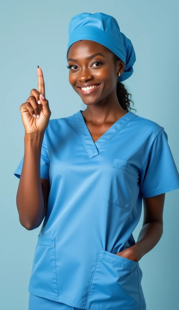 african woman in blue scrubs holding out her hand with a smile, african healthcare worker, nursing, surgical gown and blue scrubs on, nurse girl, nurse, nurse scrubs, medical photography, waving and smiling, shrugging arms, subject action: holding sign, subject action : holding sign, no watermark, plain background, wearing a hospital gown, stock photo, medical doctor, waving