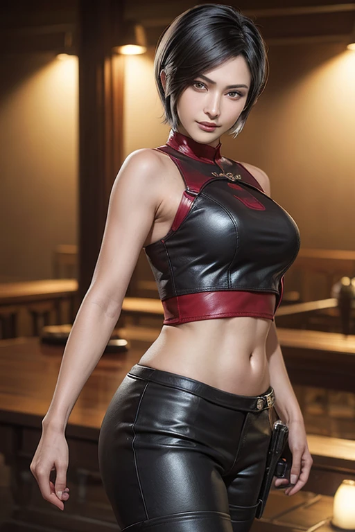 Yuffie Kisaragi, Distinctive characters that appear in the Final Fantasy game world, Known for his black hair and brown eyes. She has a short pixie cut、Wearing a crop top。, Fingerless gloves, Fishnet stockings and forehead protector. Her style is、The outfit features a sleeveless turtleneck and shorts that reveal the navel.。. A headband completes her outfit., One thigh-high sock and a pair of gloves complement her sleeves.. Her look is、The look is completed with a sleeveless turtleneck and thigh-high socks.. Yuffie's description:、It is presented as a masterpiece of the highest quality in an exceptional 8K resolution.. Her eyes are especially highlighted, beautiful, Detailed features enhance her ultra-realistic appearance. Her face and body are very detailed., Every aspect of her body was carefully crafted., Includes perfect hands and anatomy. In this scene, Yuffie appears in a classic cowboy shot., Watching the viewer directly. The image is installed indoors, Perfectly tuned lighting to bring out every detail. The overall expression of the image is、It is a homage to the character and his characteristics.。, Brought to life with stunning illustrations of incredible quality and detail.