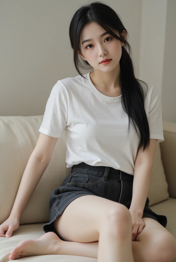 1girll,Sit on a comfortable sofa,Cross ed leg,Soft light,Black silk big breasts, 1 boy, under shirt and pant kiss feet of girl