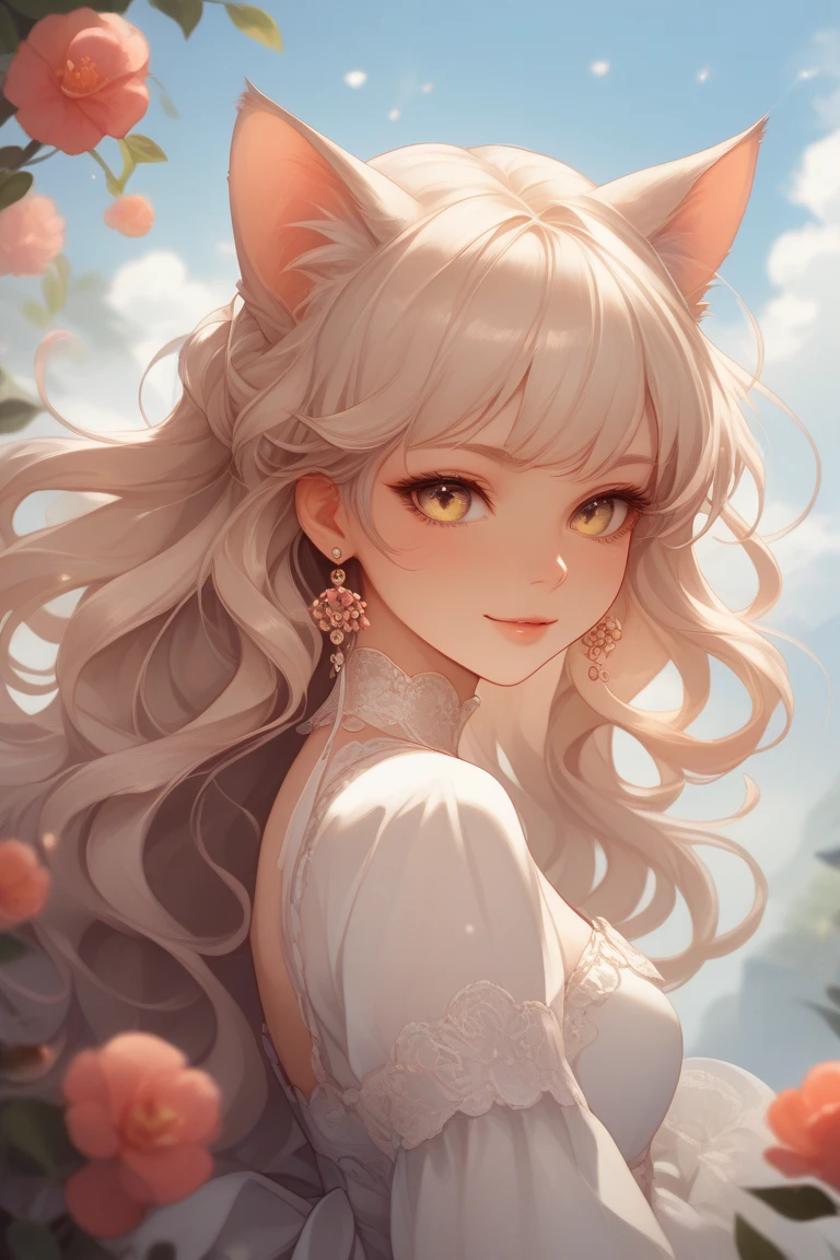 (Ah! My Goddess style:1.2) , Hallucination, daydream , nightmare , Insane Dream , bokeh , erotica , romance , cat nymph and realistic cat , Petals fluttering down , (Single eyelids, round nose, swollen cheeks) , glossy lips , Collarbone , Hair blowing in the wind , Goddess Cafe Terrace