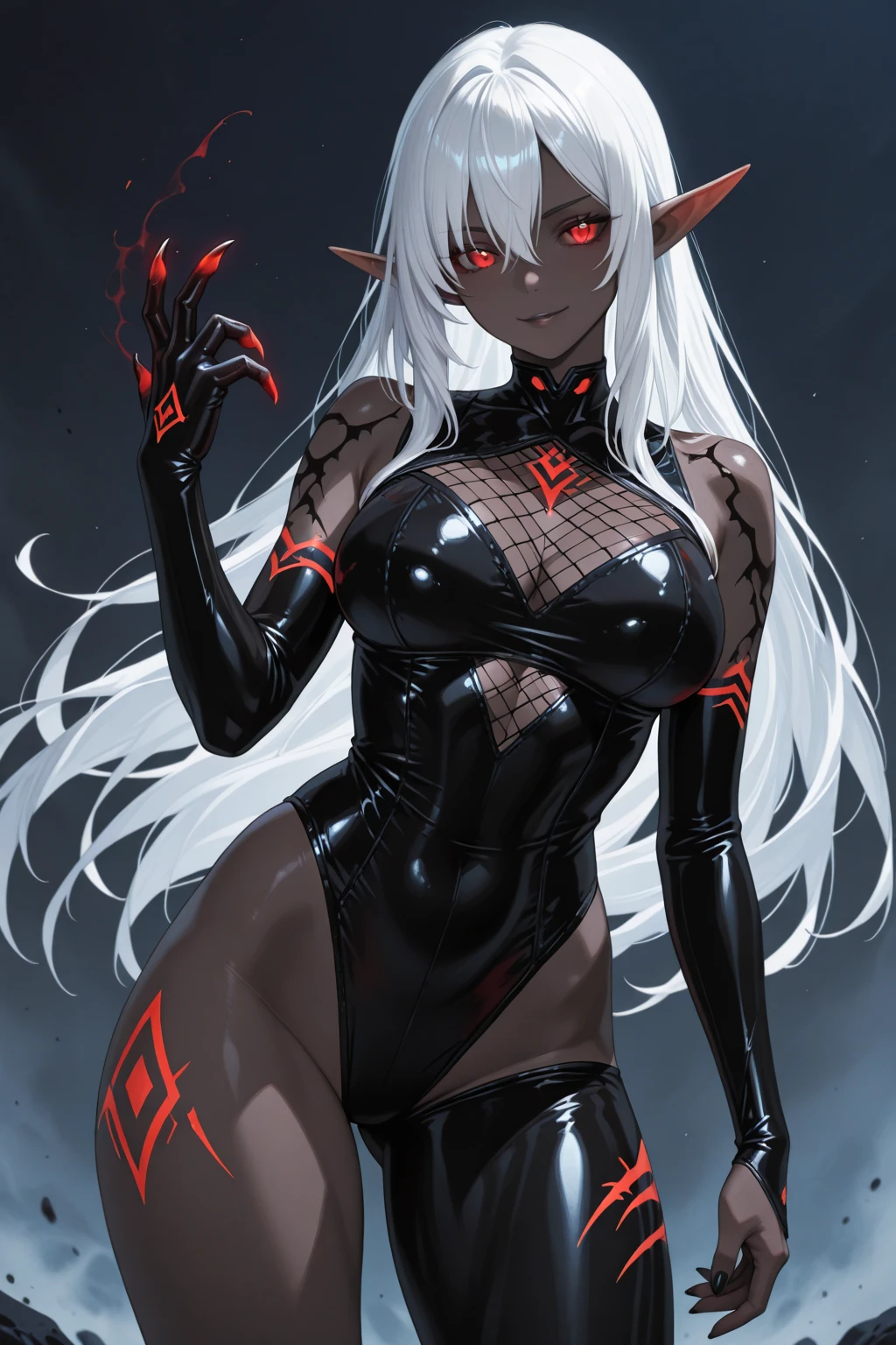 a demon with horns and white hair is posing for a picture, succubus, a demonic skin, Nectrotic skin, Burnt skin, female demon, hyperdetailed fantasy character, dark demon succubus, portrait of an demon queen, demon princess, of an elden ring demon, demon character with smirk, demon, demon queen, complex fantasy character, portrait of demon royalty