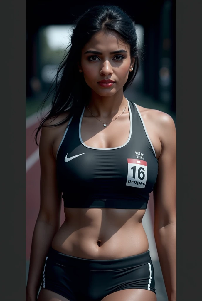 An intricate image of a beautiful young Indian college girl, 23-year-old, in track outfit, low neck top, outside on track field, ((slim, )), photorealistic, photo, masterpiece, realistic, realism, photorealism, high contrast, photorealistic digital art trending on Artstation 8k HD high definition detailed realistic, detailed, skin texture, hyper detailed, realistic skin texture, armature, best quality, ultra high res, (photorealistic:1.4),, high resolution, detailed, raw photo, sharp re, by lee jeffries nikon d850 film stock photograph 4 kodak portra 400 camera f1.6 lens rich colors hyper realistic lifelike texture dramatic lighting unrealengine trending on artstation cinestill 800,