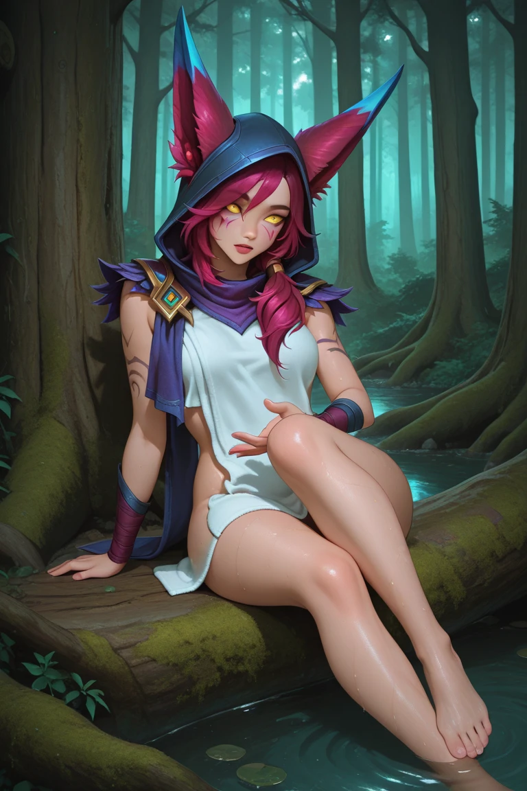 lulu weared purple hair wear purple thick bunny costume, open mouth, tongue out, walking, winking, light smile, small breasts, sexy pose, sit on dirt path, mountains,. background: forest, (insanely detailed, beautiful detailed face, beautiful detailed eyes, masterpiece, best quality)
