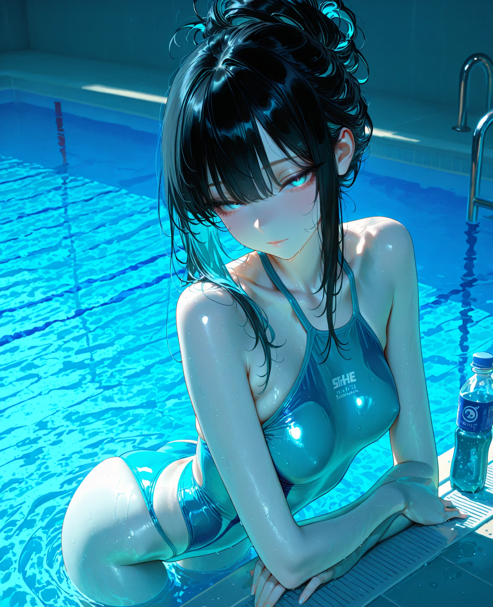 ((Top Quality)), ((Masterpiece)), ((Detail)), Perfect face, Perfact bodty, sitting on the swmming pool, listening to music, wearing headphones, wearing swimsuits, swimsuits are transparent, legs open Sitting wide open, wearing tight clothing (yes, buttocks and breasts are exposed). I see a face, one women