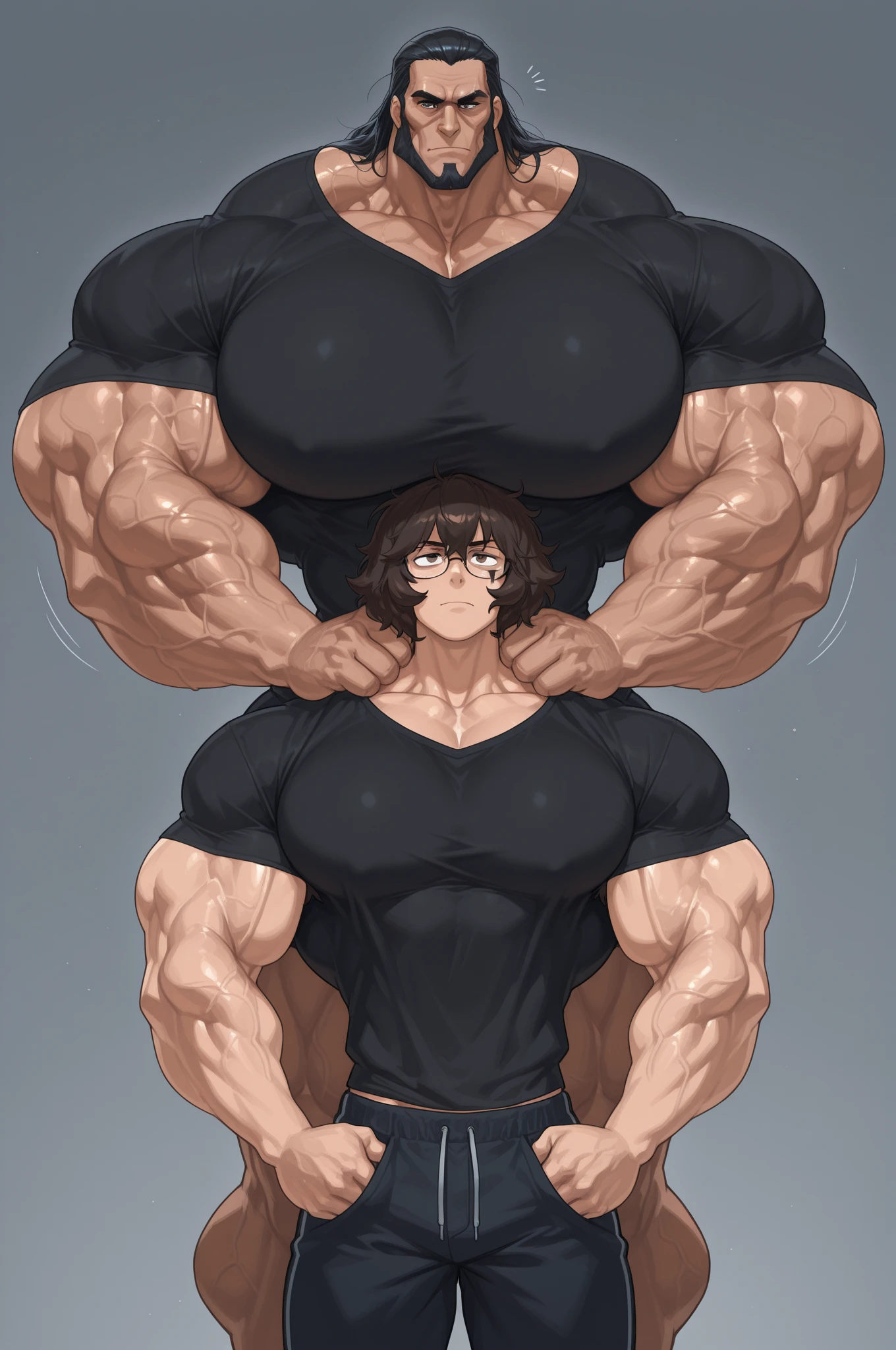Woman in black bikini and small man in white shirt, weak and small man, thin and small physique, Very beauthful. , ,weak and defenseless man, small physique, , muscular ultraviolent woman, muscular and scary, absurdly huge physique, big muscles, extremely muscular woman, woman stepping on man, small man being stepped on by woman,