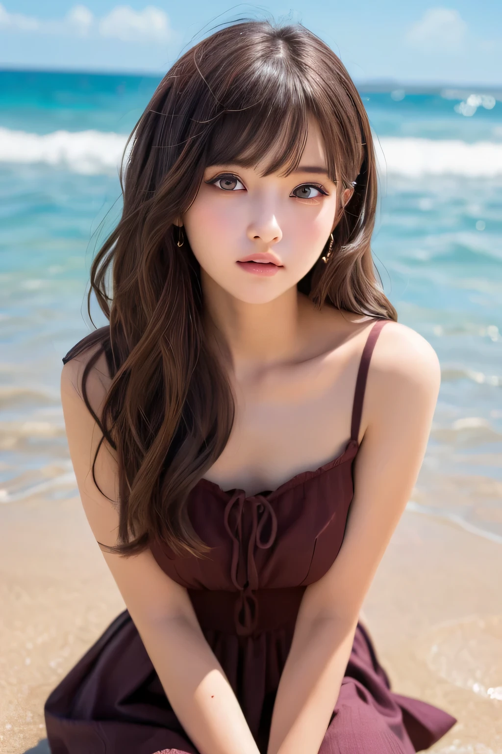 8K,Pieces fly, Highest quality, figure, Very detailed, finely, High resolution, 8k wallpaper, Perfect dynamic composition, Dark and beautiful eyes, Tight clothing, Random Cute Hairstyles, Natural color lip,At the Beach, Random cute poses,Cleavage