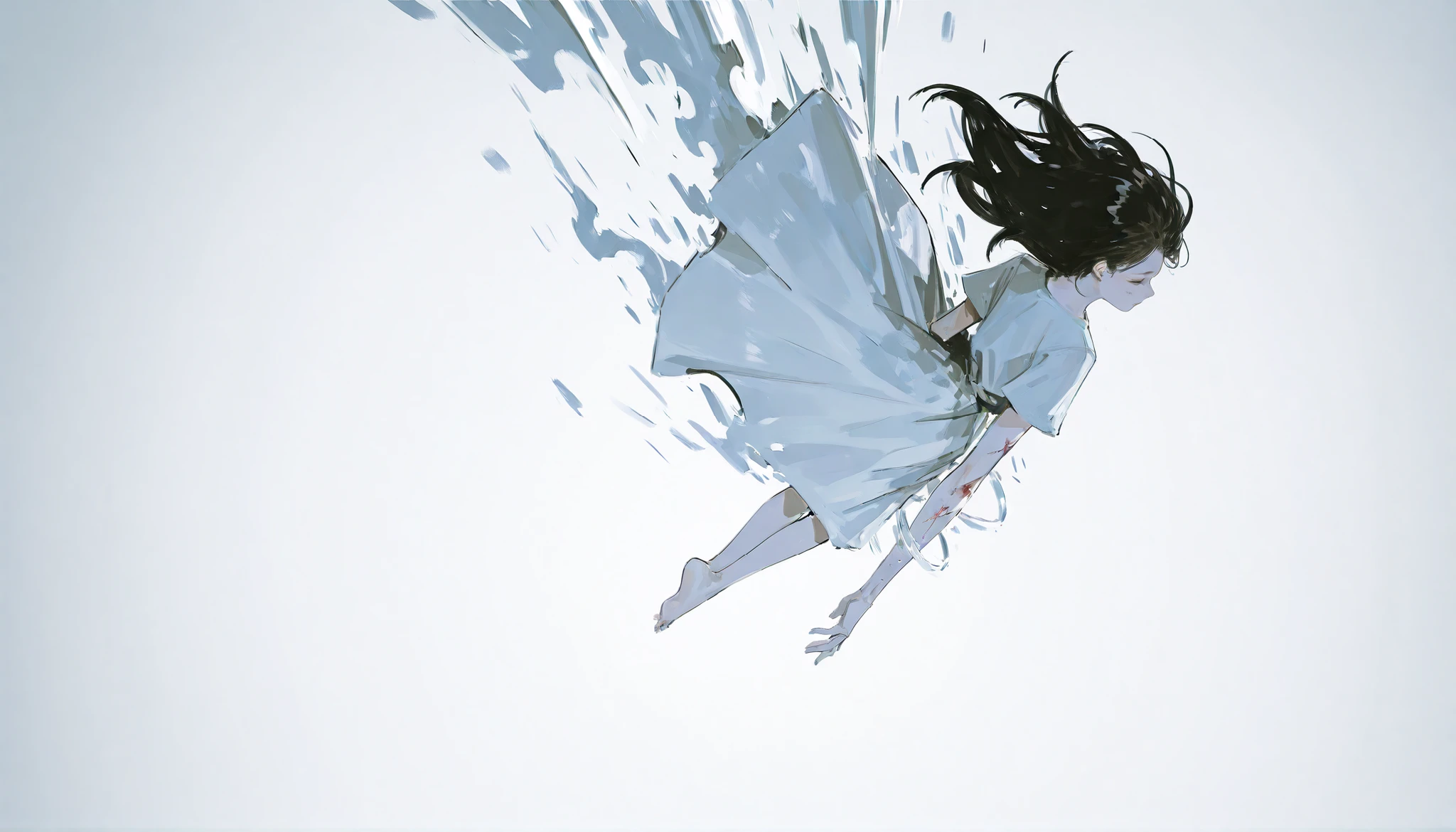 (1girl:1.5), conceptual black and white manga illustration, high contrast ink drawing, distant perspective, traditional seinen manga style. A lone woman is seen extremely far in the distance, falling slowly from a vast, empty sky. Her body is small in the frame, suspended in the middle of an infinite, white void, as if she were drifting in silence between dimensions. She wears a torn, long dress that flows upward with gravity's pull, shredded fabric trailing like fading memories. Her long black hair streams above her in chaotic lines, ink-splattered and wild.
Her right arm is fully extended upward toward the heavens, fingers spread wide open in a desperate plea — as if trying to touch something divine far beyond reach. Her left arm hangs lifelessly by her side. The perspective is strikingly cinematic: we see her from below and slightly in front, emphasizing her fall and the void around her. Her silhouette is framed by abstract, celestial ink strokes and glitch-like distortions — as if reality is unraveling around her. Tiny black particles rain upward from her feet, defying logic, like fragments of a shattered soul.
A faint, ethereal beam of pure white light breaks from above, illuminating only her hand and casting long shadows through the emptiness. Her face is barely visible — a small, sorrowful outline with eyes closed, as if praying silently mid-fall. No background, no ground, no reference point — only her, suspended in spiritual limbo, surrounded by conceptual emptiness.
The image evokes a haunting question through pure visual metaphor: “Is God still watching?”
No gray tones. Only black and white. Infinite silence. Conceptual and deeply emotional.