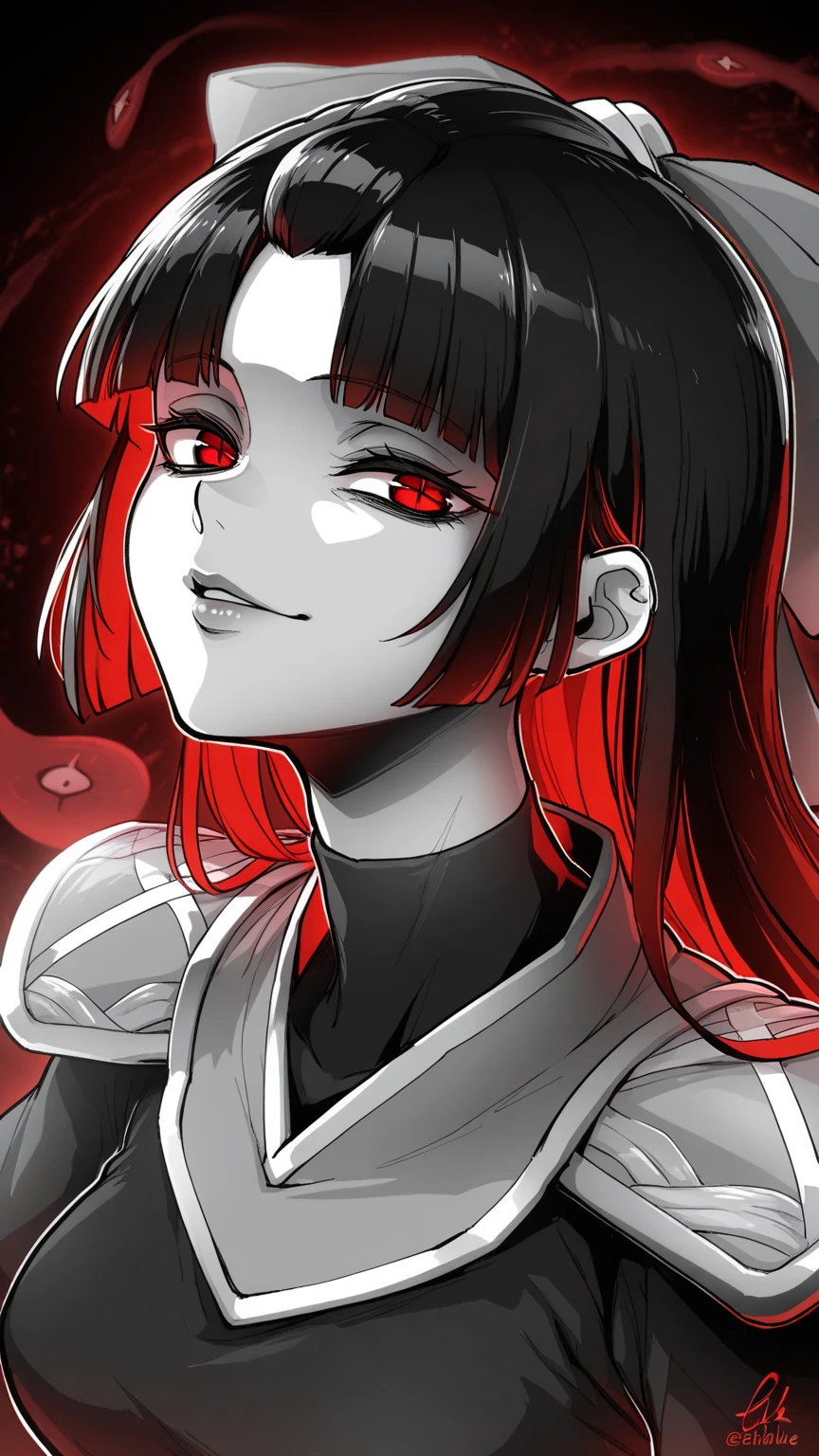 ((extreme detail)),(ultra-detailed), extremely detailed CG unity 8k wallpaper, best quality, bloodless, horns,bloody gown, red rain, (raining blood), red sky, blood moon, close-up, smile, upper body, head rest, arm support,