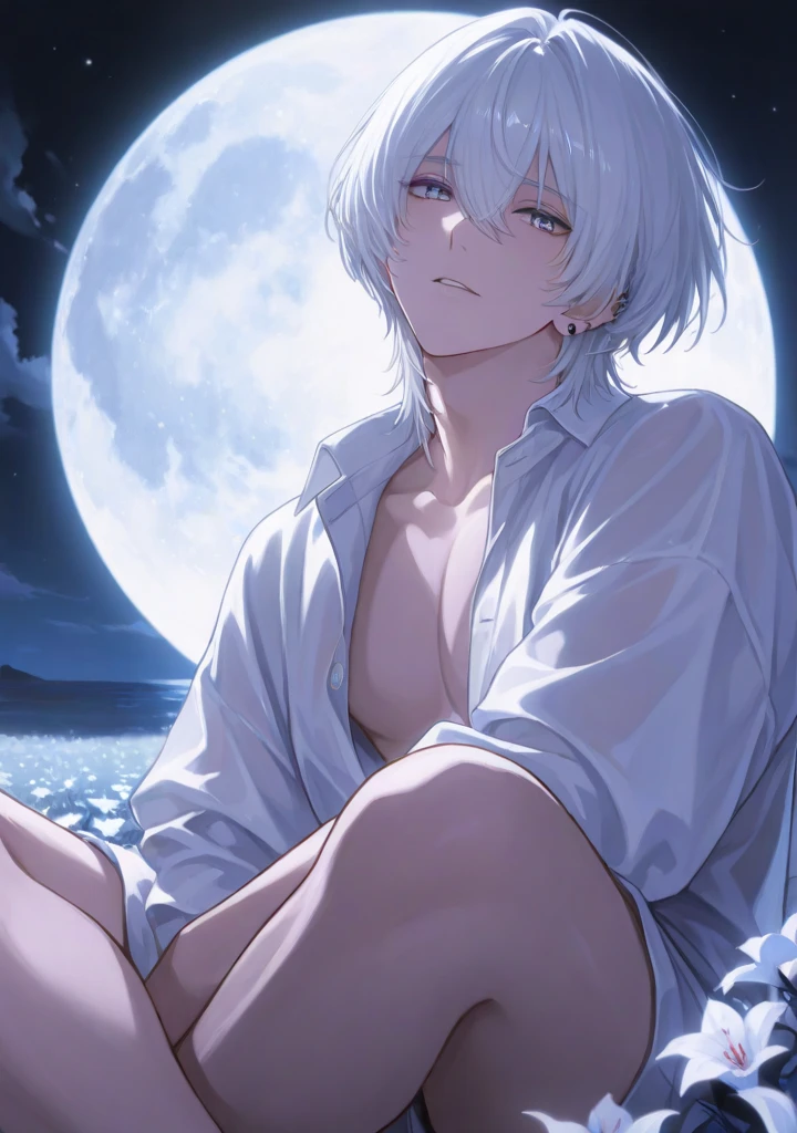 Un chico masculino de cabello largo de color blanco , wearing a transparent nightgown naked in the middle of the river