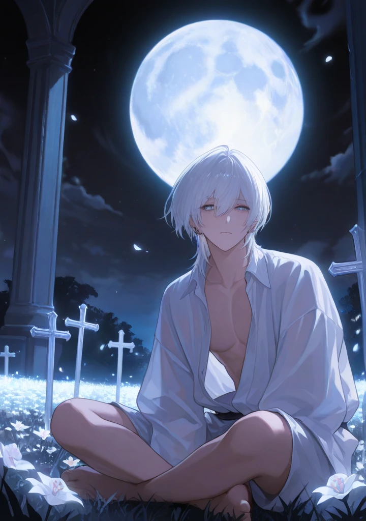 absurdres, highres, ultra detailed, HDR, master piece, best quality, Gojou Satoru, white hair, expressive blue eyes, white eyelashes, Jujutsu Kaisen, solo, sexy man, handsome, horny, lewd, black priest robes, accessories, showing the chest, cross necklace, priest, white gloves, fantasy, magical, white roses, white petals, blue sky, church, Nu Carnival