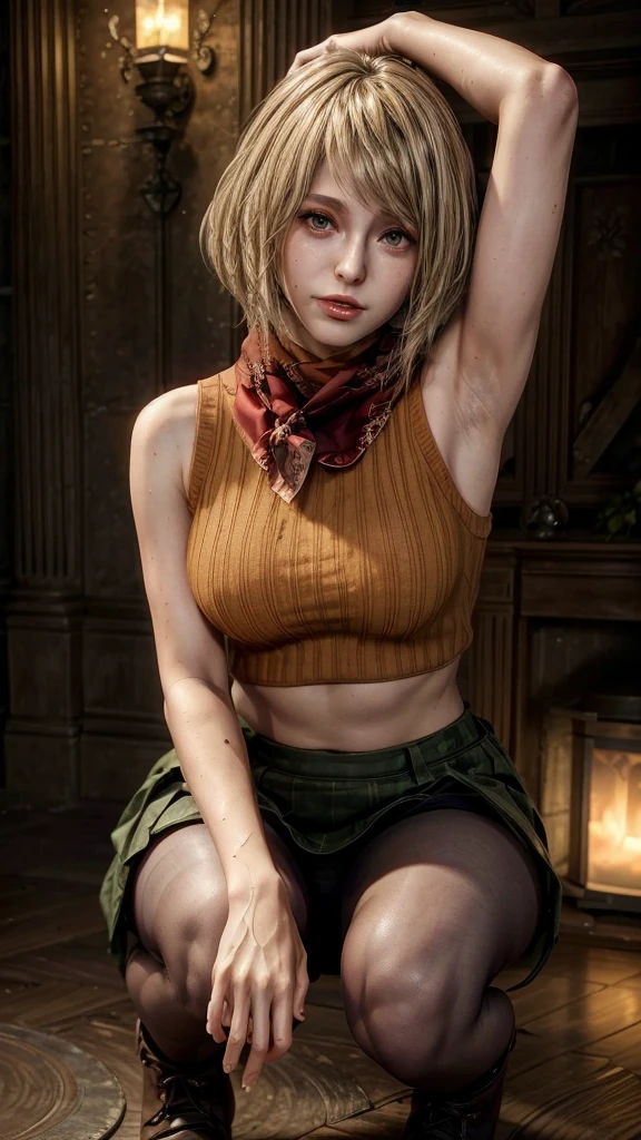(1girl), 1 girl reclining on couch, ((1 woman))  ((smug expression)) (add_detail:1), lush hair, 1girl, blonde braids, (green neck scarf, white vest, green skirt, white elbow gloves, white thigh high socks,) blue eyes, , dramatic lighting, detailed skin texture, volumetric lighting, belly overhang, focus on belly ((realistic face)) chubby, ((double chin))