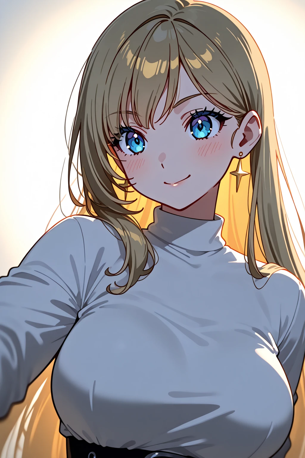 Gal、peace sign、Large Breasts、White T-shirt、Her hair is blonde and silver、Face smiling happily、Around 25 years old、Anime style illustration long hair, 