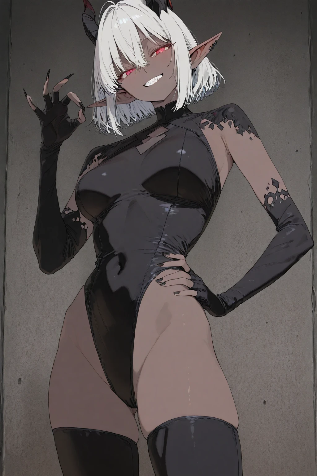 A girl with short white hair with green eyes and who is smiling and with tattoos and wearing submissive clothes
