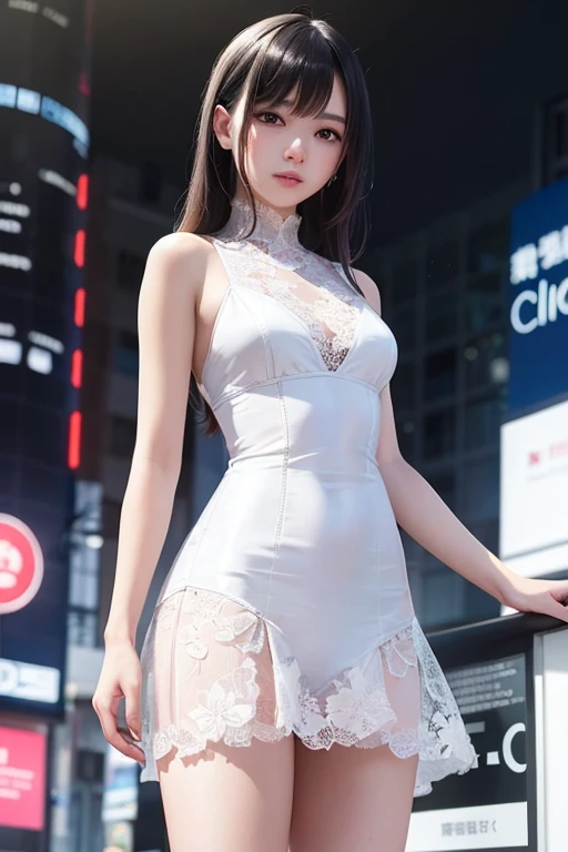 8k, masterpiece, best quality, detail:1.2),lifelike, extremely detailed CG unity 8k wallpaper, depth of field, movie lighting, lens flare, Ray tracing, (extremely beautiful sexy sensual woman, sexy breasts , detail skin texture , 1 ultra hot girl, in the darkness, deep shadow, Beautiful Korean adult movies actress , sexy idol,(very slim slender fit-muscled body:1.3), ((looking at the audience)),(smirk smile), (bodycon mini tight bluish dress), (shooting sleeve) , (city night, (neon lights), dim lights, roof, balcony, (night), pantyhose, clear eyes, expose arms , (pale skin),Muscle lines， facing forward, (big eyes), ((upper body shot)), full waist up pose , tight dress, lace dress, (see through dress), hair tied up,  tight mini skirt