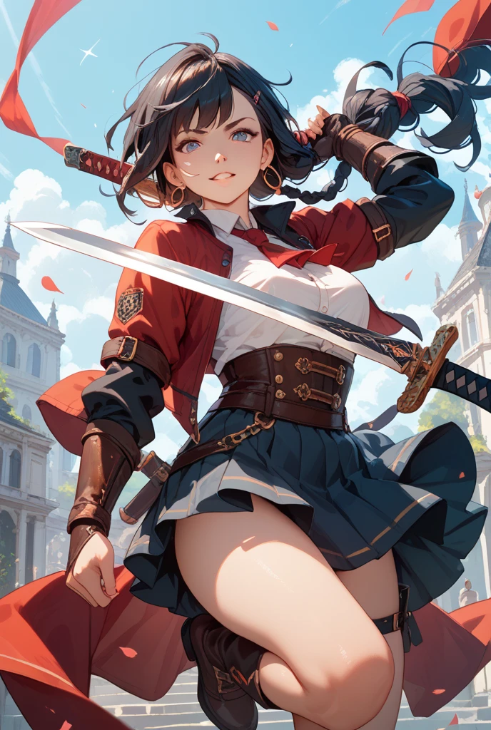 Sword-wielding girl,14 years old,Long black hair,Black Eye,Silver metal armor covering the upper body,pleated micro mini skirt,Thigh-length silver metal boots,Big red cloak,White thigh-high stockings,Beautifully decorated long sword in hand,Jump and slash enemies,(((Open your legs and hold your sword:1.5))),((Perfect beautiful girl:2.0)),((Slim figure)),Silver Gauntlets,(The whole body to the toes),Blown by the Wind, Desolate wilderness,(Panty shot:1.2),(((Ultra-high resolution:1.5))),((Highly detailed eyes))