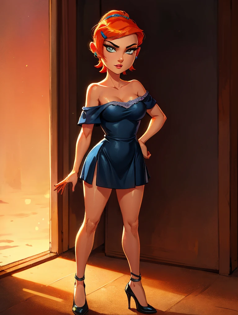 ten mens,  made of fire, Broad Hips, beautiful breasts, ((whole body)), seducer, seducer little smile, seducer sexy stance, seducer tight cutout dress