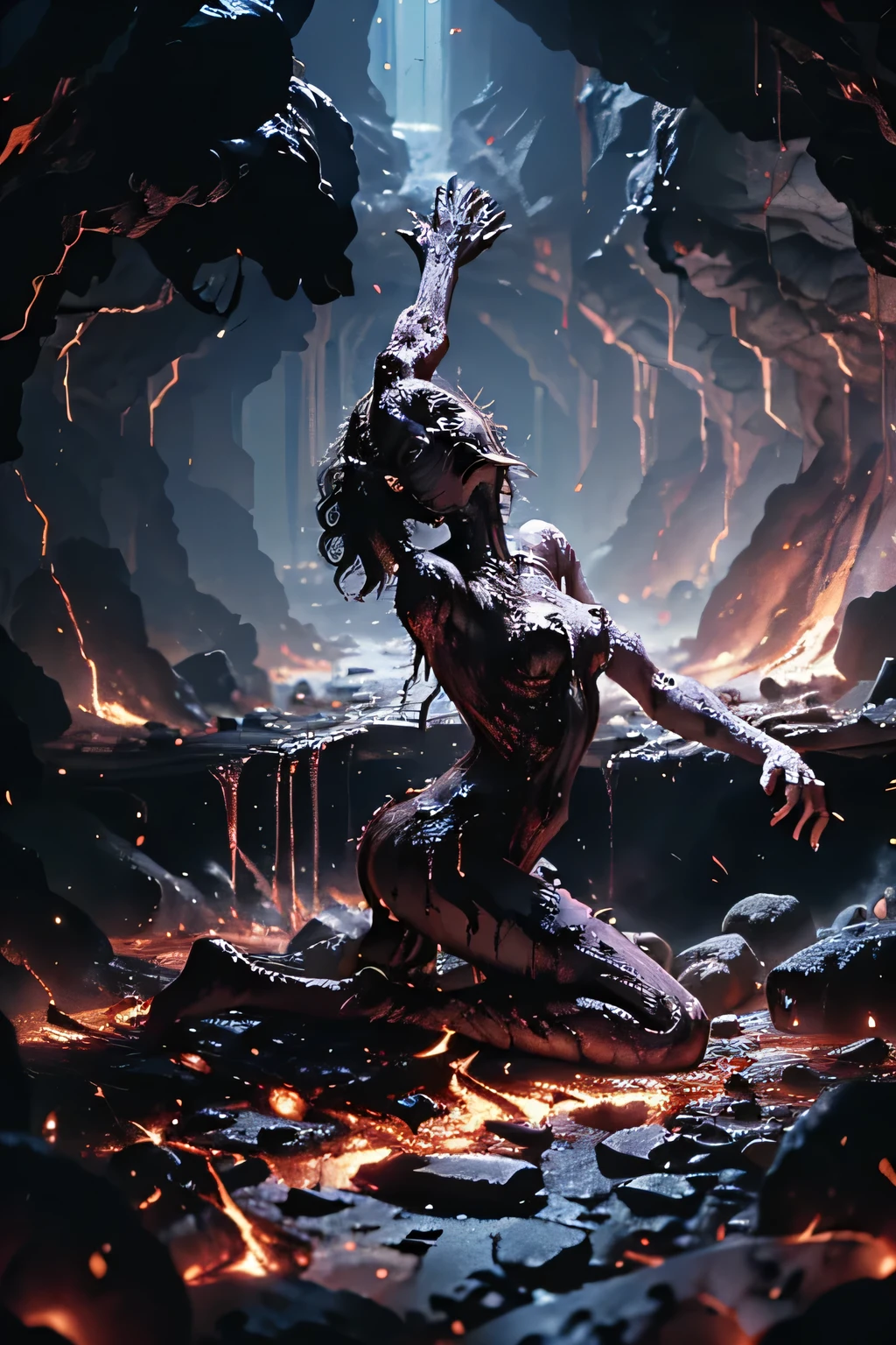 masterpiece, Highest quality, masterpiece,Zombie Girl, Evil Dead, Dark Energy, empty, Hollow Eyes, (an extremely evil),Dead Girl、 black magic, Dark Forest, Negative Energy, hell, Corpse wearing a black gymnastics bloomers,high leg,self wedgie,white blouse、lava,fire