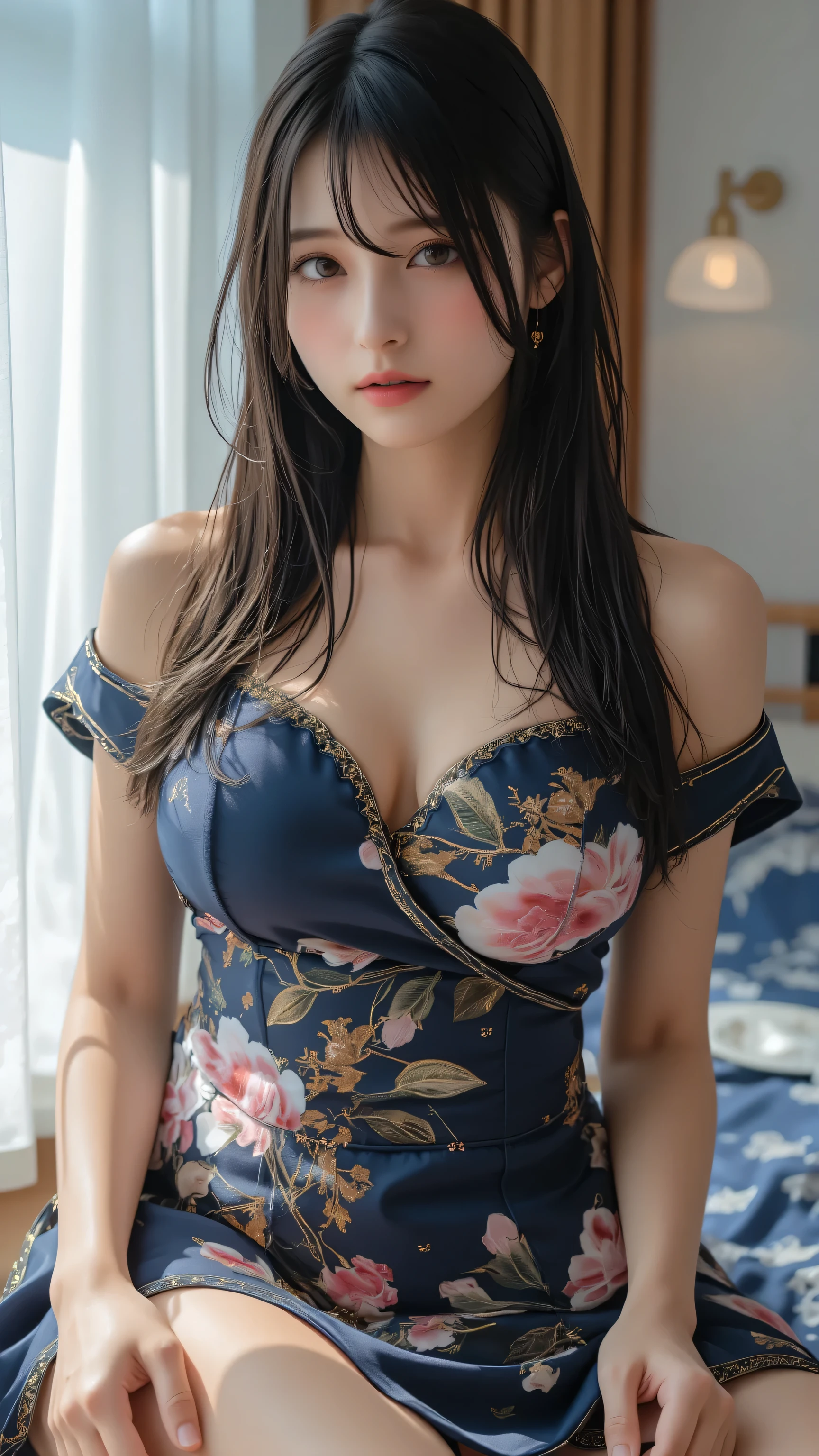 (masutepiece: 1.3), (max resolution: 1.2),, (Detailed eyes and skin), (detailed facial features), nffsw, Sharp Focus: 1.2, Perfect Style, Beautiful face, Perfect body,Highly detailed face and skin texture, Detailed eyes, Dark-blue eyes, Double eyelids, Thin eyebrows, Glitter Eyeliner: 1.2, Natural cheeks, Glossy skin, Fair skin: 1.2, shiny little necklace and earrings, (Glossy lips: 1.A very cute female teacher), (Seductive smile: 1.2), ((a Innocent and cute girl:1.3)), (long, straight haired, bangss), (ligh brown hair:1.2), medium large breasts, FULL BODYSHOT Shyness Floral swimsuit Herren cute little Breast Emphasis Pose Sexy Hips Slouched Kamimei Wet shirt