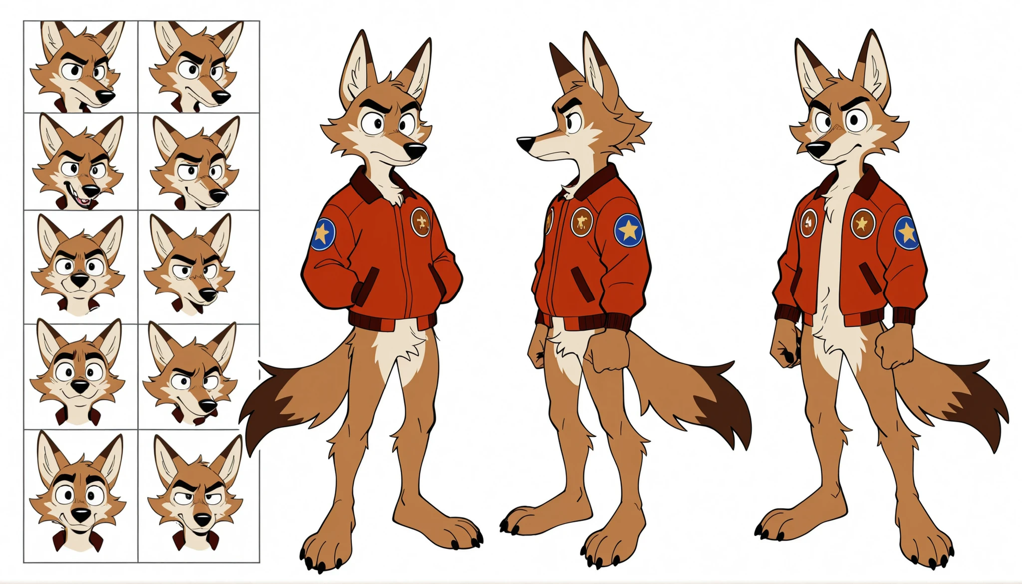 sketches of a cartoon coyote furry character, male, cool, professional furry drawing, furry character, unrealistic character concept, cartoon furry style, an anthro coyote, full body character concept, character reference, full character body, sketchy artstyle, anthro concept art, single character full body, full body character, character concept, by infamousmustelid, by mikachutuhonen, by uochandayo, by Piti Yindee, red bomber jacket, countershading, bottomless, paws, expressions, multiple view