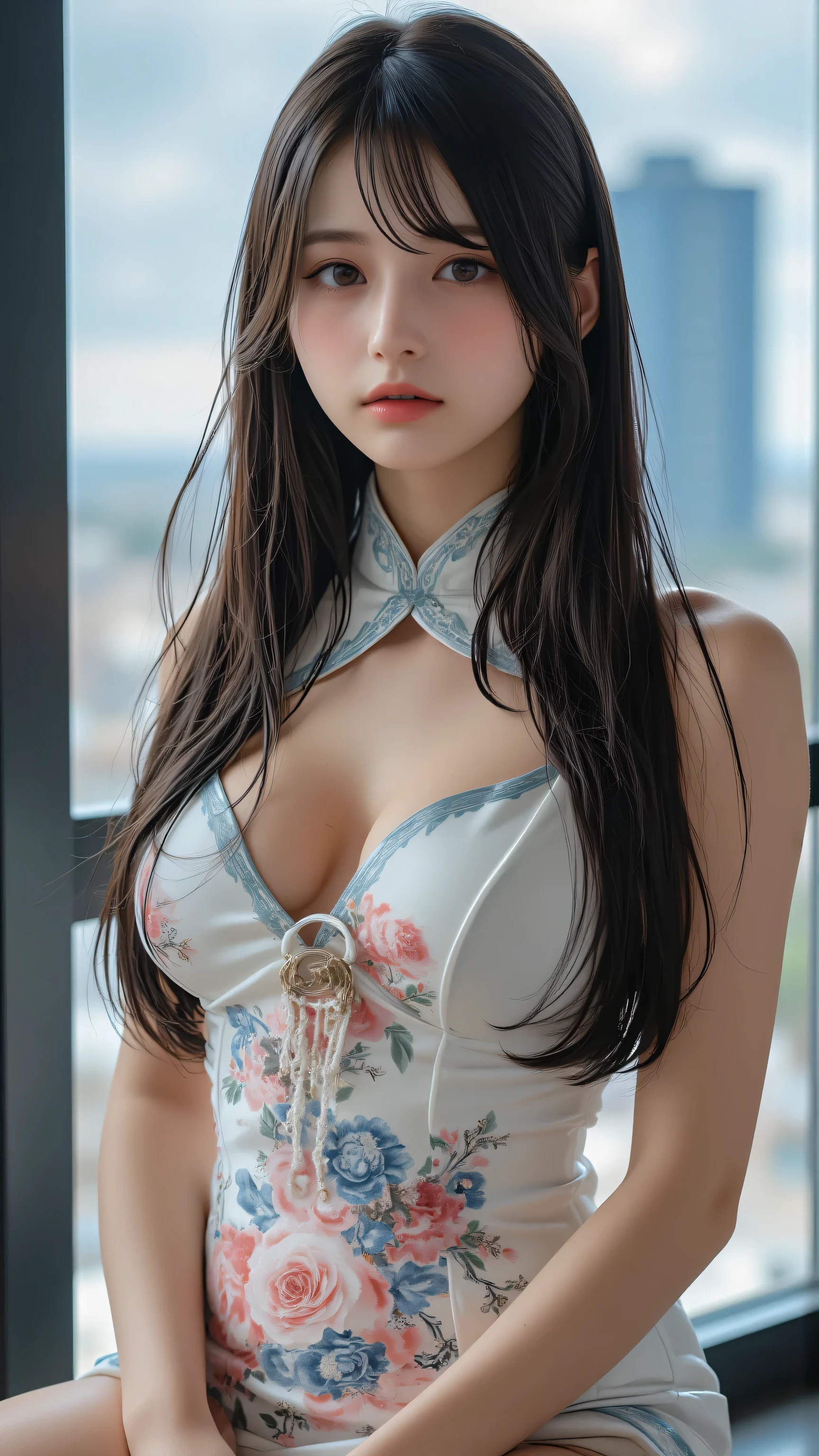 8k, master part, Foto RAW, best quality, fotorrealista, extremamente detalhado CG unidade 8k papel de parede, profundidade de campo, Cinematic light, Reflexo da lente, ray tracing, (rosto extremamente bonito, beautiful lips, Olhos bonitos), rosto de detalhe intrincado, ((pele ultra detalhada)) 1girl, No escuro, sombra profunda, beautiful asian girl, idolmaster,(corpo muito magro e musculoso:1.3), ((Olhando para o Viewer)),(grande sorriso:1.3), (Cityscape, blurry background), (luzes fracas, Telhados, varanda), beautiful young lady, Brincos, Pulseiras, colar, olhos claros, ambulante , tiro frontal, (pale skin), virada para a frente, (olhos grandes), ((tiro de corpo inteiro)), ((seda preta rendilhada)), ((vestido de dormir de cor vermelha transparente:1.3)), (cabelos castanhos) (Olhando para o Viewer:1.3), mama aberta, Umbigo aberto, medium breasts, ter um brilho , (see through, vestido de dormir rosa :1.3), varanda, (nu), Meias rendadas, back out, ((tiro nas costas))