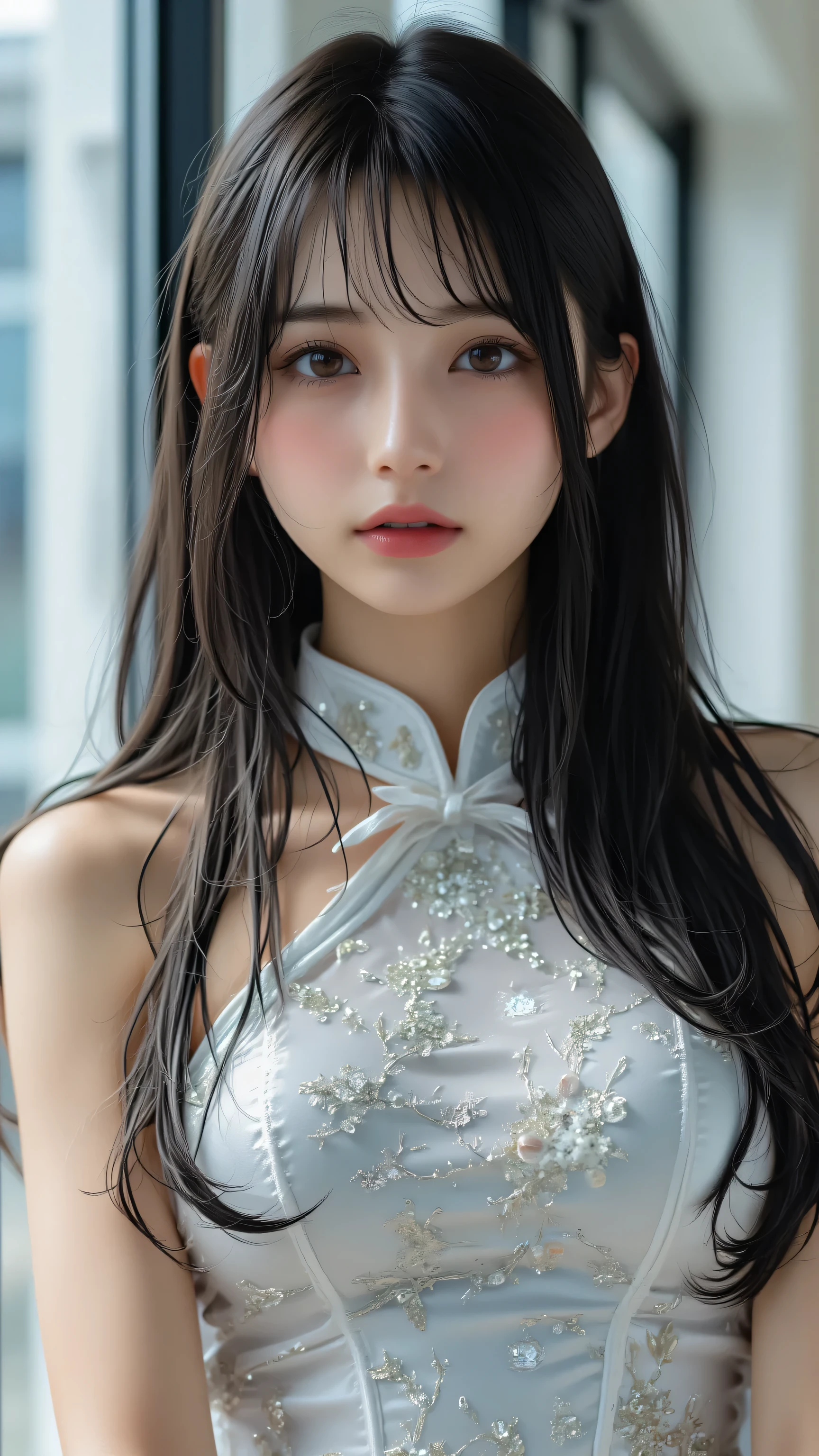 32K, masterpiece, top quality, (beautiful Korean women) with a slender figure、unusually big, plump breasts, ((black hair)), long black hair, cute Japanese idol, Korean idol, Japanese woman, only daughter, cute Japanese girl, forced smile,thighs、garter belt、
In a bright modern room. She is wearing an elegant style cheongsam. There is a slit on one side, revealing a faint glimpse of her chest. ((Big ass, big ass)),((Thong under a Chinese dress, M-shaped legs)), Thong, saggy big breasts, saggy breasts,Slip areola,<big boobs、[huge breasts、 Saggy Breasts、covered nipples, huge natural breasts, Areola Slips,