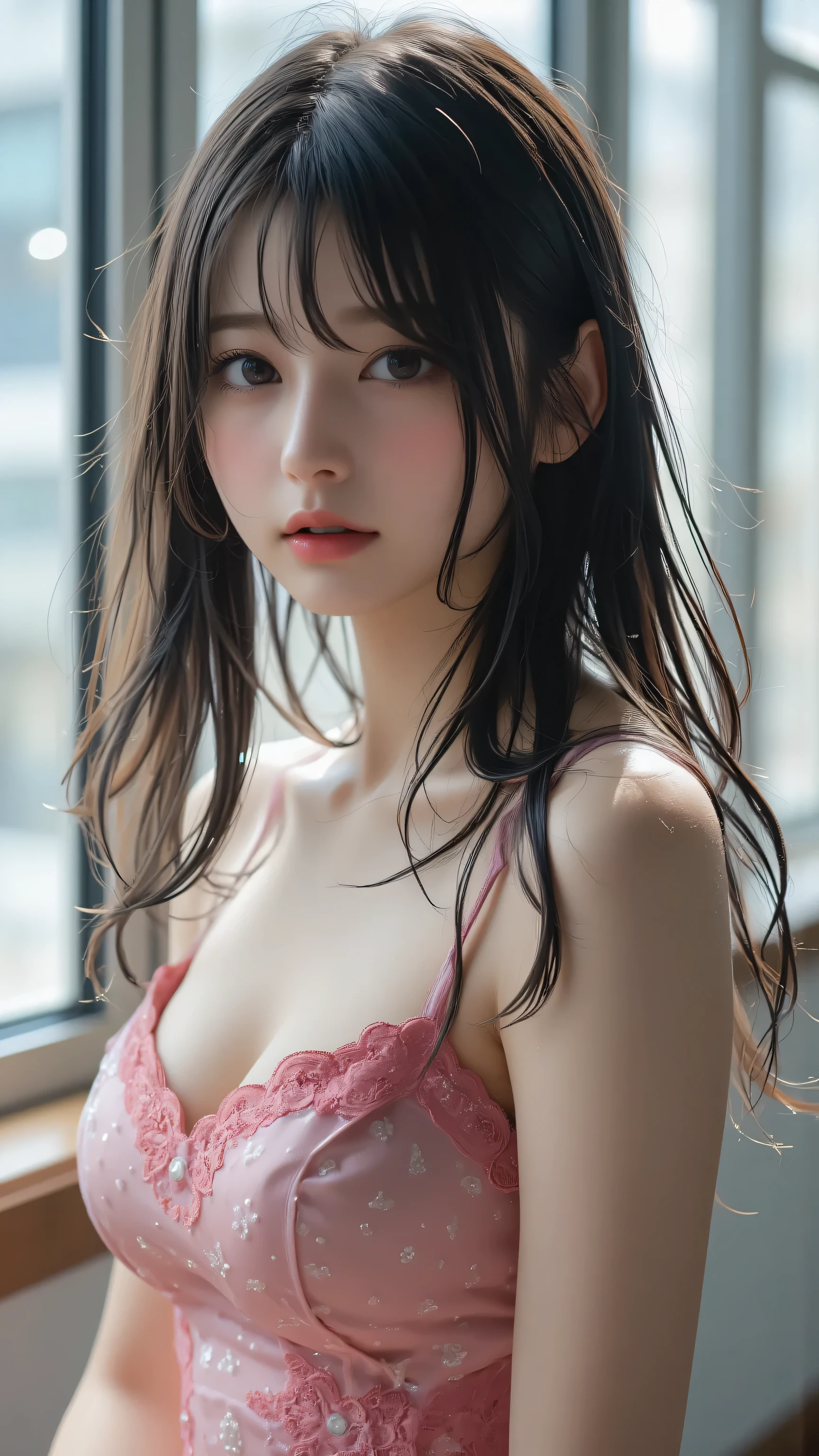 32K, masterpiece, top quality, (beautiful Korean women) with a slender figure、unusually big, plump breasts, ((black hair)), long black hair, cute Japanese idol, Korean idol, Japanese woman, only daughter, cute Japanese girl, forced smile,thighs、garter belt、
In a bright modern room. She is wearing an elegant style cheongsam. There is a slit on one side, revealing a faint glimpse of her chest. ((Big ass, big ass)),((Thong under a Chinese dress, M-shaped legs)), Thong, saggy big breasts, saggy breasts,Slip areola,<big boobs、[huge breasts、 Saggy Breasts、covered nipples, huge natural breasts, Areola Slips,