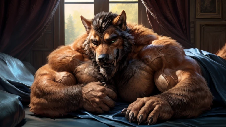 4k, high resolution, best quality, perfect colors, perfect shadows, perfect lighting, ((full bodyportrait)), posted on e621, furry body, solo, anthro orange werewolf, (monotone orange fur:1.3), male, black beard, white chest fur, adult, (heavily muscular, manly, brutal, masculine:1.4), green eyes, realistic eyes, hands on neck, suspenders, masculine, (muscular, dense build:1.4, muscular shoulders, massive lactation pecs, massive bulge, detailed penis bulge), living room background, correct anatomy, sitting in the dining room, green short pant, (photorealistic detailed fur, epic, masterpiece:1.2), (by Taran Fiddler, by Chunie, by Rukis, Bonifasko lighting), best posture, claws on hands, (photorealistic fur, detailed fur, epic, masterpiece:1.2), sexy shadows, (by echin, by Taran Fiddler, by takemoto arashi, by Traver009, by Juiceps), (detailed eyes:1.2), impressive physique, focus face, serious face, detailed eyes
