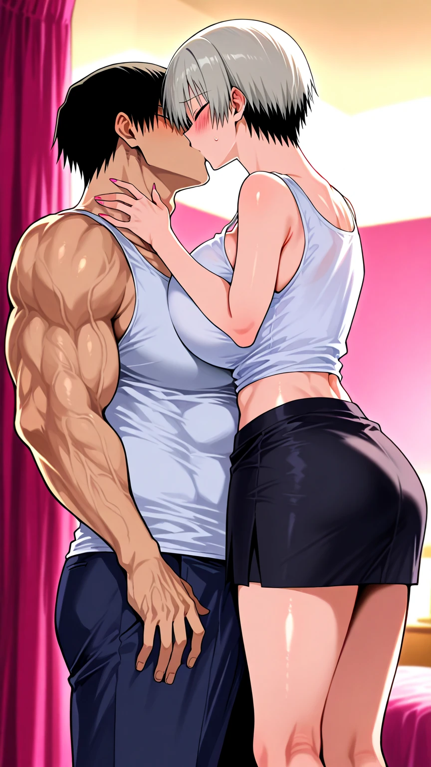 (girl and boy:1), smiling, ((high resolution illustration)), ((extremely detailed)), (couple), Marinette, (Adrian), (best quality,4k,8k,highres,masterpiece:1.2), ultra-detailed, realistic:1.37, HDR, studio lighting, extreme detail description, professional, vibrant colors, bokeh, (muscular female bodybuilder), detailed lips, strong embrace, romantic scene, intimate moment, intense passion, athletic bodies, fitness couple, gym background, muscular definition, sculpted muscles, sweat glistening, powerful kiss, muscular arms, loving couple, bodybuilding lifestyle,blonde hair boy kissing his big muscle girlfriend, skinny blonde boy, big muscle blue hair girl.