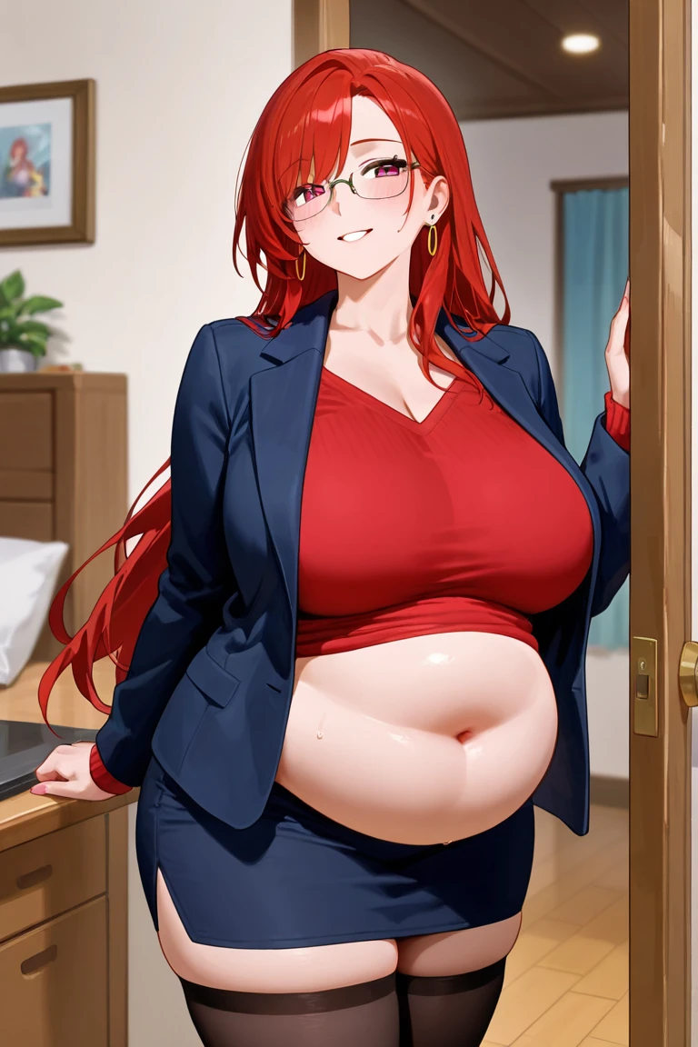 1. A, Light peach skin, Big green eyes, Red Formal Hair, Pearl ear-rings, Pearl Necklace, Sexy, Hourglass figure, Wearing a white top shirt,White coat, Wearing a red skinny hip skirt, In the office, Tempting