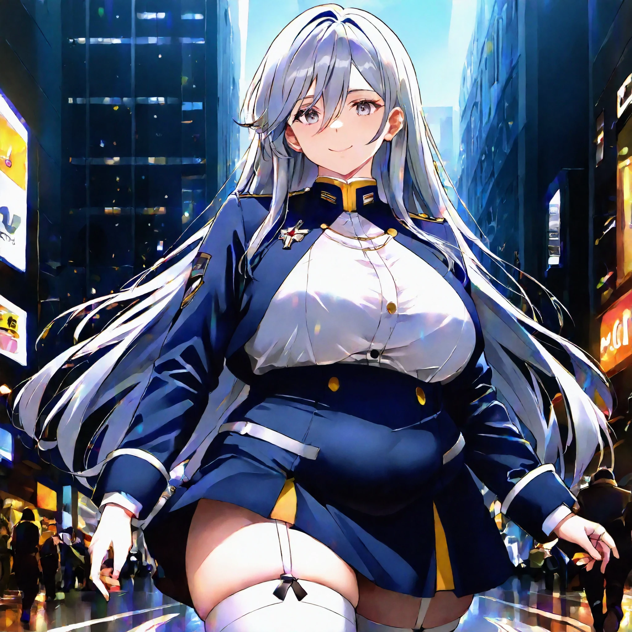 (blue police outfit), gold badge, black skirt, police hat, (shibuya crossing background), (crowded), ShenheV4, mature women, 20yo, anime cels style, best quality, high resolution, 1girl, (huge breasts:1.2), beautiful face, grey hair, long hair, hair ornament, (hair over one eye), blue eye, cowboy shot, light smile, happy face, blushing, navel