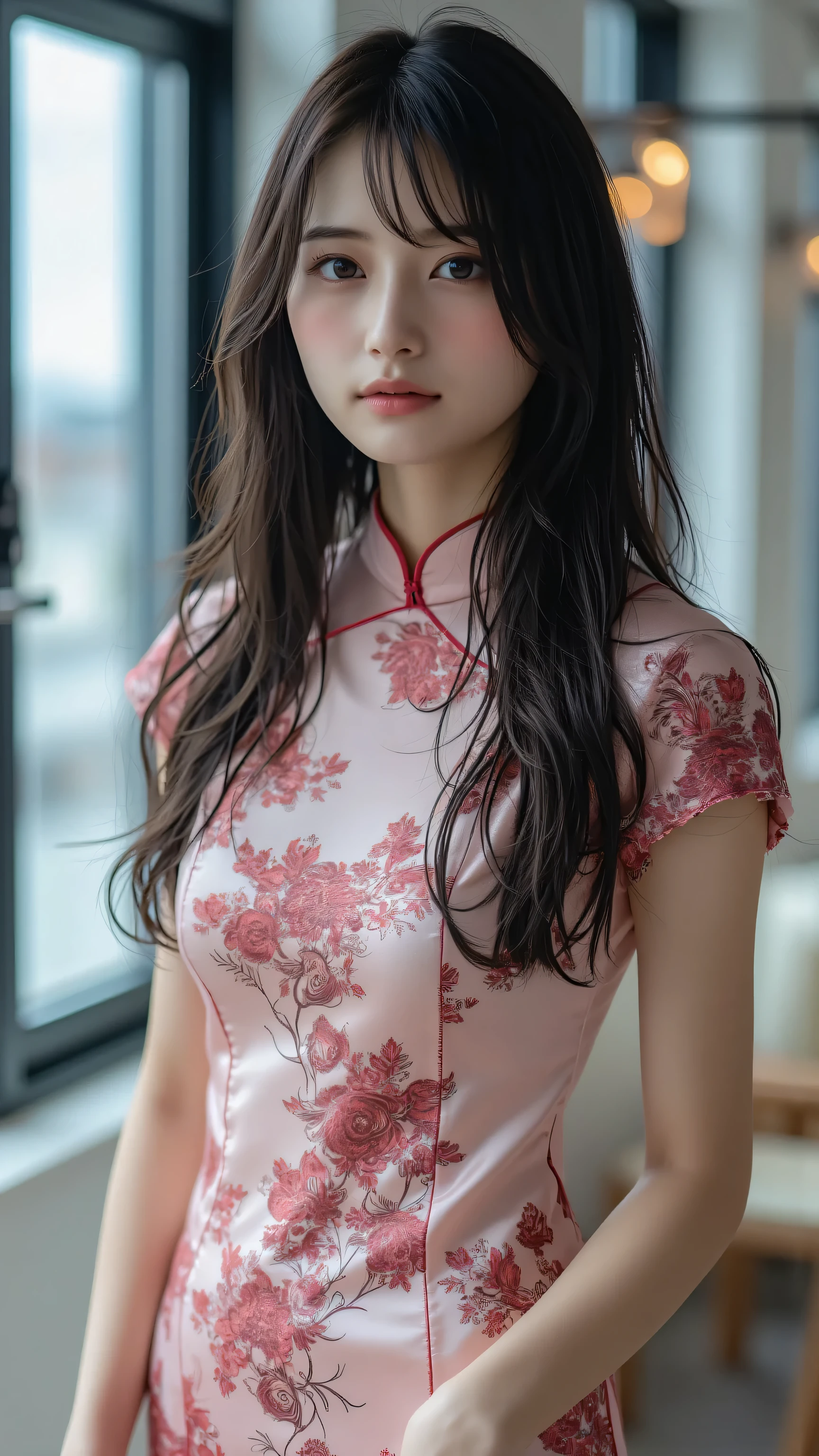(((photorealistic))), ((realistic)), (ultra high definition), best quality, masterpiece, ray tracing, japanese female, ((super fine face)), 1 girl, cheongsam, upper body, looking at viewer, front view、legup、show her pantie、worst quality, low quality, blurry(from below:1.3)、(looking down, watching at Viewer:1.3)