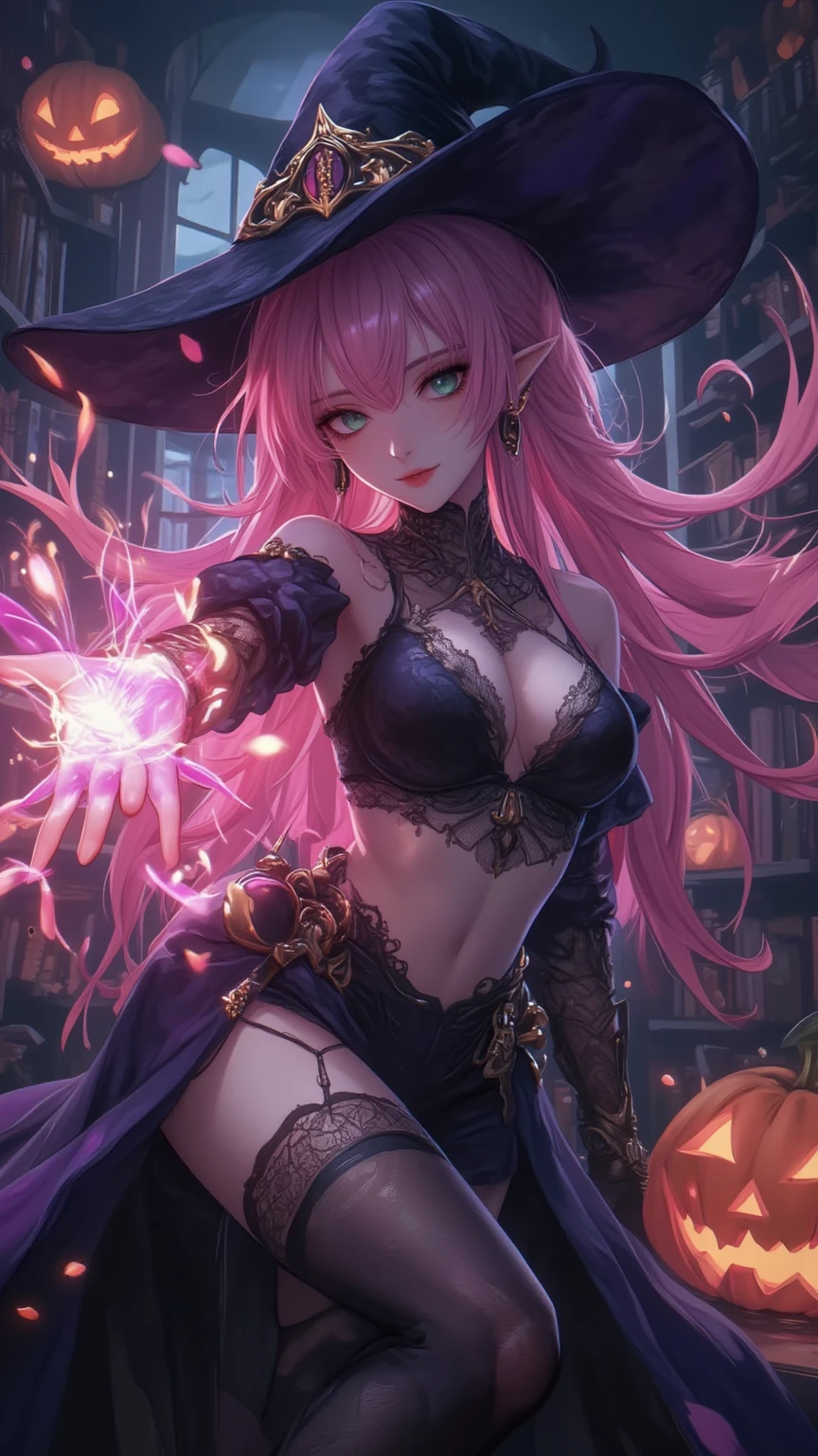 Witch costume,Sculpted body,peitoes,thick thighs, Tattoo on Underbelly,Caucasian skin,blushed face,light pink long hair,blue colored eyes,caldeirao, bats,it's a mess