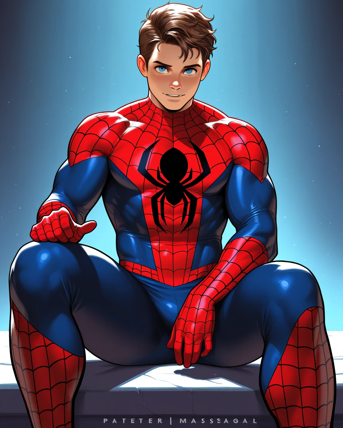 (masterpiece, best quality), 1man, muscular, wavy hair, brown eyes, complex, (dressing room), full body, wearing venom costume, bright colors, (depth of field: 1.2), (sit-ups), blushing, looking at the audience, in the building, letting loose web,