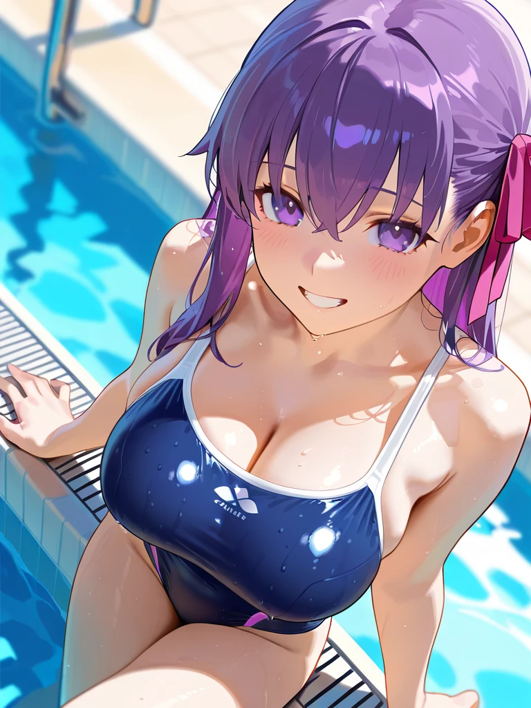​masterpiece, best quality, highres, 8K, ,medium breasts,1 girl,1 boy,sex,orgasm,im Pool,black swimsuit,purple hair, screaming, hearts in the air, young almost to her Bekini